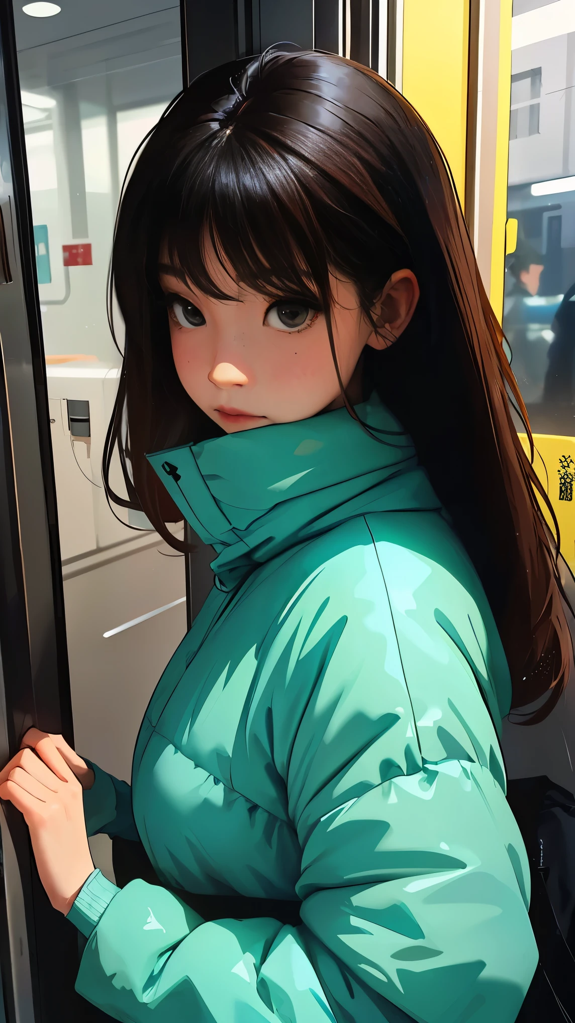 Woman looking at the view outside the window in front of the subway doors、Bright colors、Soft Focus、Light leakage、Dreamy winter atmosphere、Experimental charm、A break in color field painting with a retro appeal、Various colors、abstract expressionism、Bold colors、Emotional impact、Atmospheric Depth、Minimalist Approach Break、Beautiful girls、uhd(Super detailed)、Flashy、long、Brown dyed hair🌈、Bright padded clothing、White stardust in a dark place、Absurd、High resolution、Very detailed、Bright colors、Soft Focus、Light leakage、Dreamy atmosphere、information、Black Hair、Large Breasts