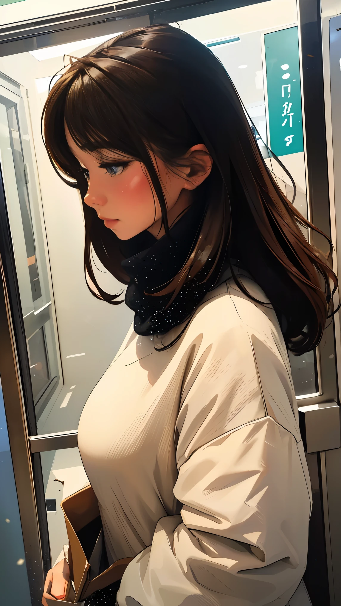 Woman looking at the view outside the window in front of the subway doors、Bright colors、Soft Focus、Light leakage、Dreamy winter atmosphere、Experimental charm、A break in color field painting with a retro appeal、Various colors、abstract expressionism、Bold colors、Emotional impact、Atmospheric Depth、Minimalist Approach Break、Beautiful girls、uhd(Super detailed)、Flashy、long、Brown dyed hair🌈、Bright padded clothing、White stardust in a dark place、Absurd、High resolution、Very detailed、Bright colors、Soft Focus、Light leakage、Dreamy atmosphere、information、Black Hair、Large Breasts