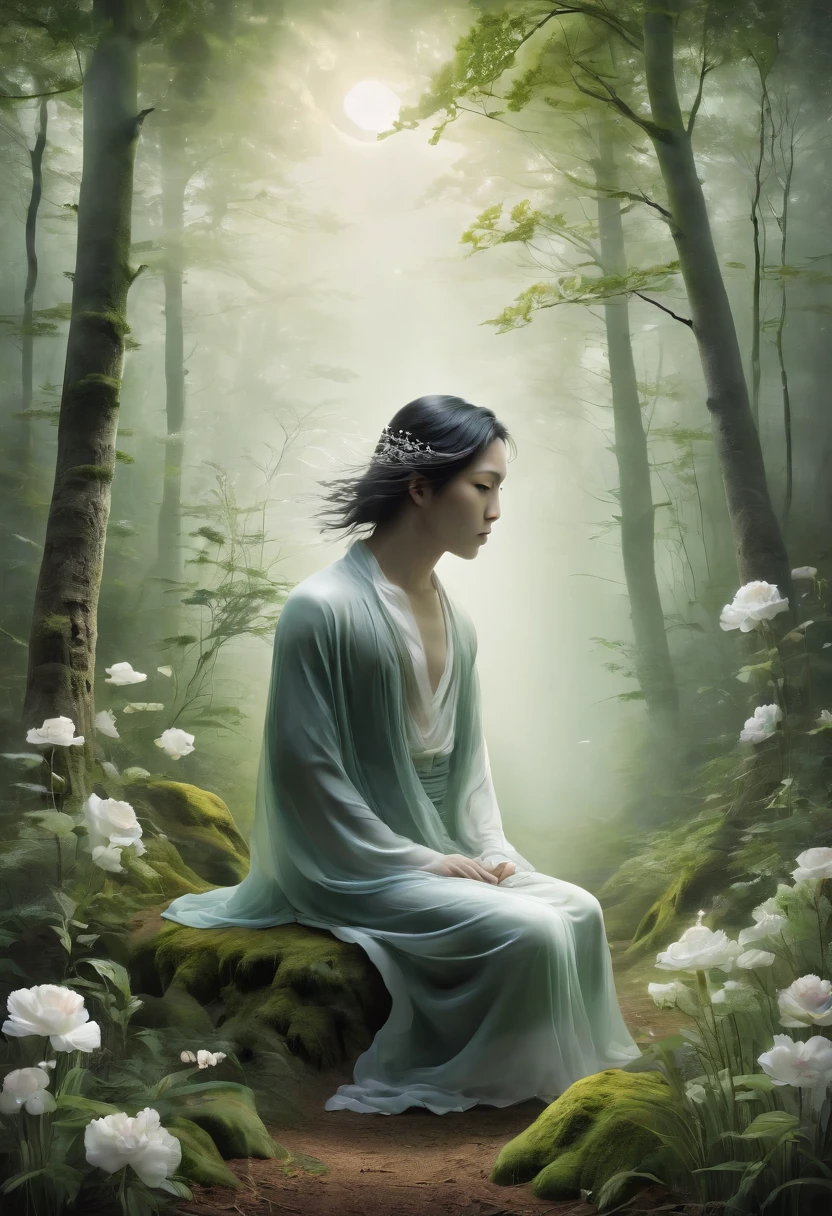 Reincarnation、Phantom、The soul separates from the body、Transparent body、male、in the forest、Lonely、