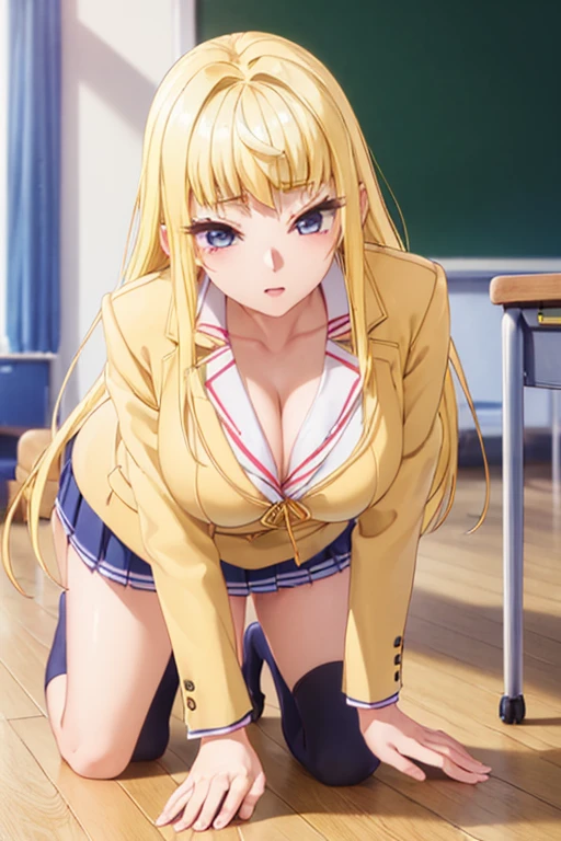 (((On all fours))、(((Accentuate your breasts)))、Highest quality, 8k, masterpiece :1.3)), whole body, Sharp focus :One Girl,Shiny skin,Sexy pose,Highest quality,Tabletop,shape,Very delicate and beautiful,Hmph,8k壁紙,wonderful,In detail,Official Art,Very detailedなティッカーUnity 8k壁紙,Incredibly ridiculous,Large file size,Very detailedな,High resolution,Very detailed,Beautiful detailed girl,Realistic,X-ray,The queue is full,(((Uniform Blazer、mini skirt)))、(((Big Breasts、Blonde)))、(((School、classroom)))、Stand upright、Cleavage , ((Golden Hair))、mini skirt、Knee-high socks、Sexy pose、Hairstyle: Long hair、Two hands、Put your hands on your hips