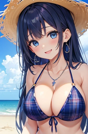 Highest quality、Highest quality、masterpiece、(8k),beauty(Age 25)、Navy blue long hair、blue eyes、Sexy Bikini(Plaid)、Big cleavage、(Big Breasts)、smile、blue necklace、Blue Earrings、background(Beach)、Please open your mouth wide、Plaidのリボンで髪を結ぶ、bracelet、Dynamic pose