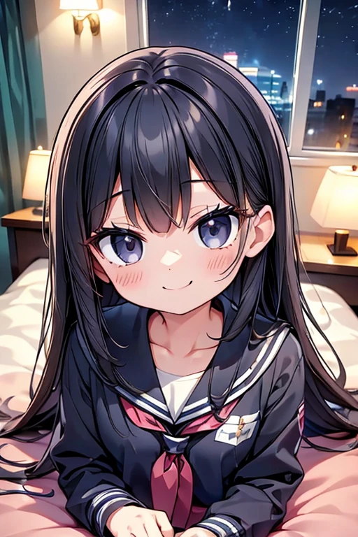 One person、Long Hair、、Black Hair、With bangs、6 year old girl、small、1st grade elementary school students、Baby Face、smile、Big eyes、barefoot、black eye、cute、Are thin、凄くsmall胸、School uniforms、身長のsmall、Night view、Bedroom、bed、Bare Skin、Show the whole body、((Lying down))、