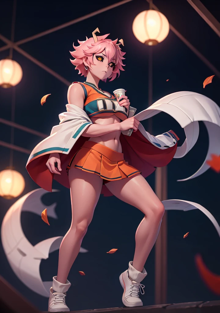 mina ashido, 1girl, solo, looking at viewer, short hair, simple background, yellow eyes, pink hair, horns, colored skin, colored sclera, black sclera, pink skin, U.A. CheerUniform, orange skirt, (bare belly), perfect shading, bare shoulders, big breasts