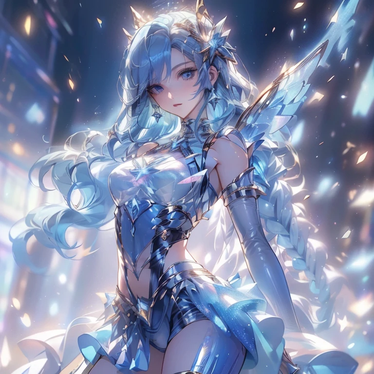 (artwork, highest quality, highest resolution, distinct_image, detailed details): (Alone, woman, blue hair, shortcut, full body figure, small size breasts, bright blue eyes, pilot costume in white and metallic blue color, tight clothes, clothes covering the whole body, Beauty, Slim body, sexy pose, heroine, knee boots)