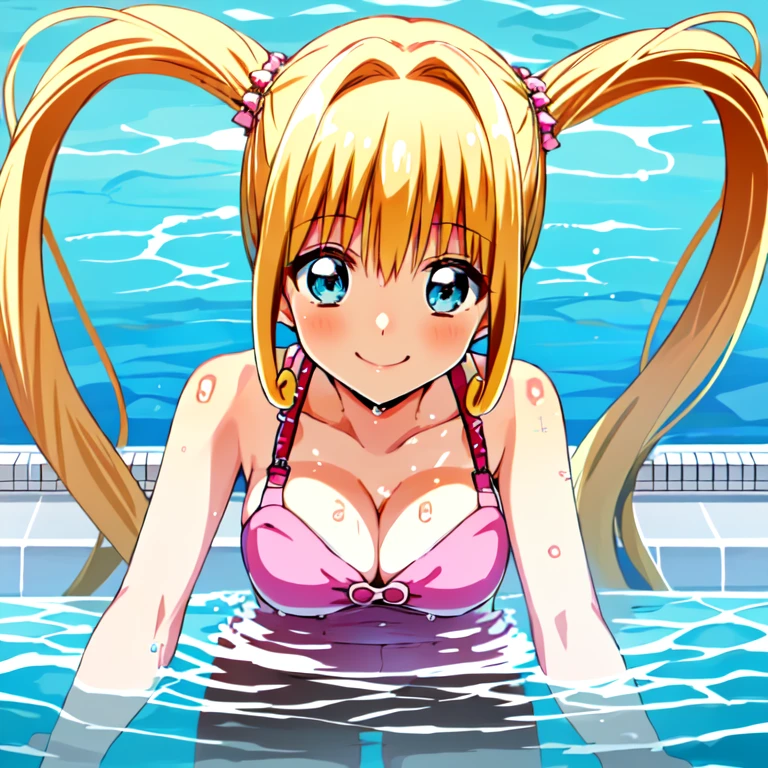 (Best quality:1.3), girl, solo, long hair, blonde hair, twintail, blue eyes, cleavage, one-piece swimsuit, (soaking wet:1.3), smiling, swimming pool, (pov)
