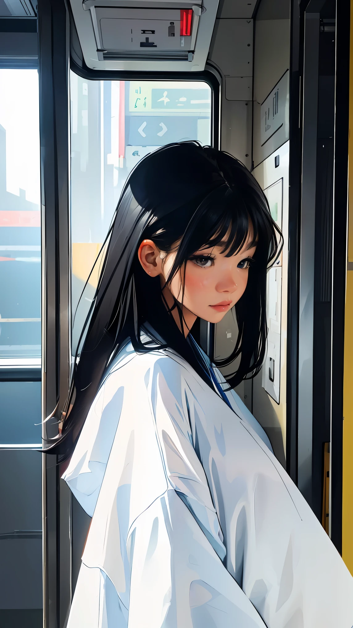 Woman looking at the view outside the window in front of the subway doors、Bright colors、Soft Focus、Light leakage、Dreamy winter atmosphere、Experimental charm、A break in color field painting with a retro appeal、Various colors、abstract expressionism、Bold colors、Emotional impact、Atmospheric Depth、Minimalist Approach Break、Beautiful girls、uhd(Super detailed)、Flashy、long、Black Hair、Japanese、Bright padded clothing、White stardust in a dark place、Absurd、High resolution、Very detailed、Bright colors、Soft Focus、Light leakage、Dreamy atmosphere、information、Black Hair、Large Breasts