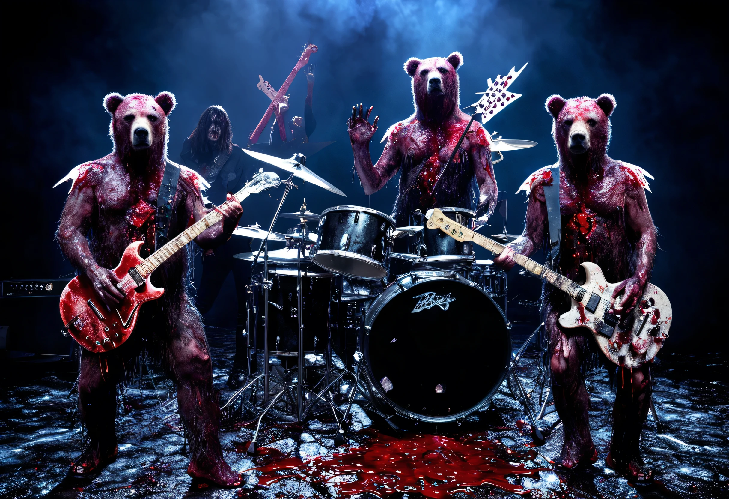 A three-man rock band made up of bloody bears、The band consists of a guitarist, drummer and bassist、The vocalist is in the middle and looks like a fairy.、Horror、Surreal、Ultra high definition、multiple