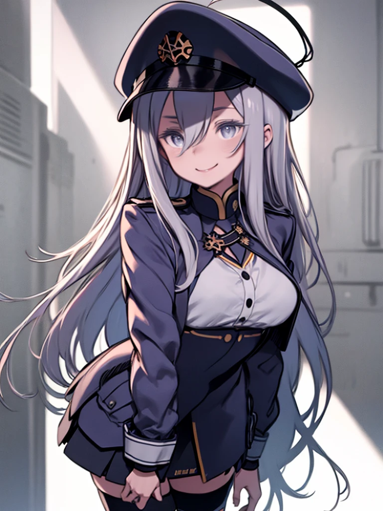 High Contrast, One Girl, sketch, Monochrome, Clean line art for coloring books、Grey Hair、long hair、Hair between the eyes、Grey Eyes、Ahoge、Big Breasts、Huge breasts、Are standing、Upper Body、Smiling、Angle from the front、Front view、Hands behind the back、Vladilena Milize, blue headwear, blue jacket, blue skirt, hat, jacket, military, military hat, military uniform, Peaked cap, shirt, skirt, thighhighs, uniform, white shirt, white thighhighs,