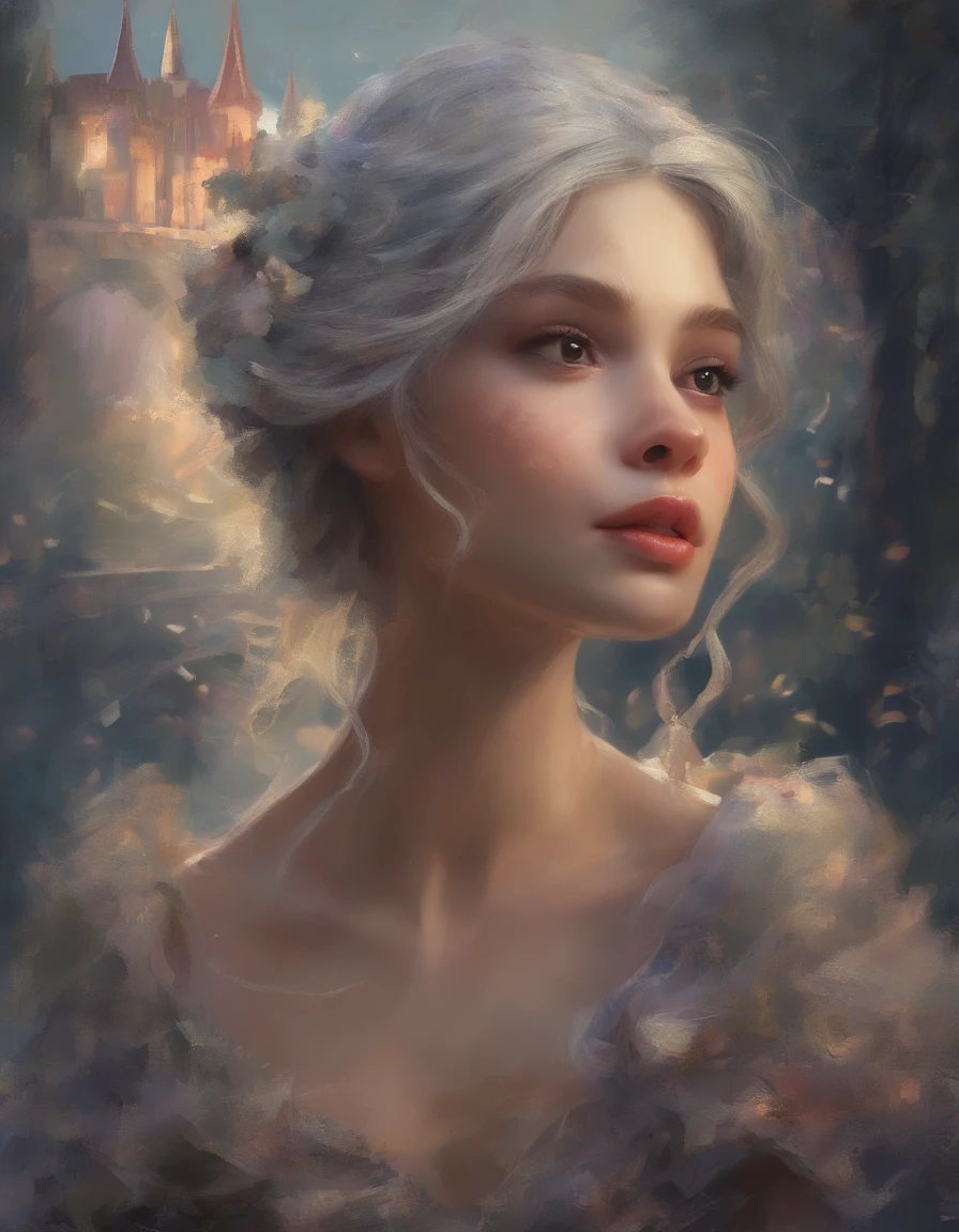 (((3D impressionist illustration, The face is precise))), A Russian girl in her early 20s with ash grey hair, Low Contrast, A man smoking a cigarette on a street corner at dusk