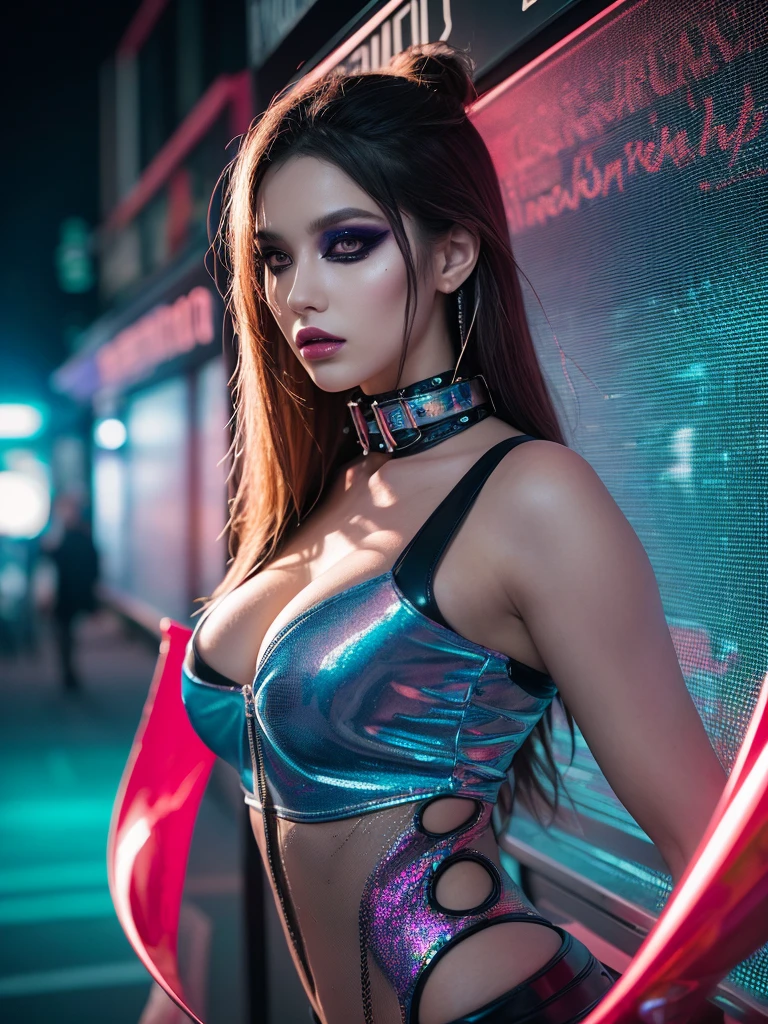 In a hyper-realistic, 16K UE5 editorial photograph, a model showcases avant-garde fashion cloth against a futuristic, vaporware aesthetic backdrop. Soft, vibrant colors and holographic patterns dance across metallic textures, while neon lights and glitch effects create a dynamic composition. The subject's asymmetrical design features voluminous drapes and multi-layered textures, complemented by imaginative accessories and avant-garde makeup. In an urban setting, the model strikes a bold pose, surrounded by blurred lines, distorted shapes, and edgy silhouettes that defy gravity.