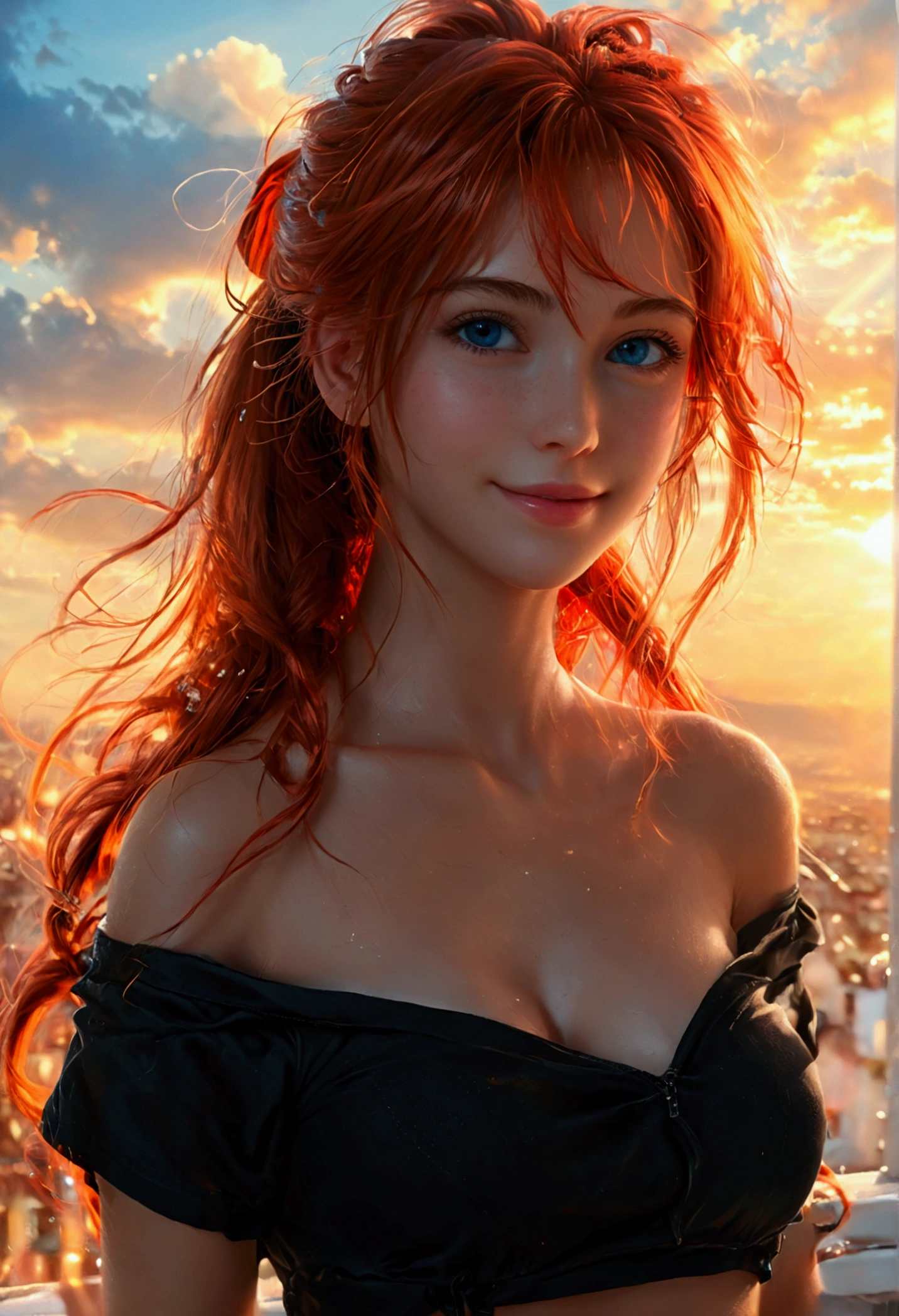 (best quality), (masterpiece), (high resolution), (intricate details:0.2),(professional lighting), room, detailed background, over sized black t shirt, off shoulder, (previous view), 1girl, solo, (beautiful face:1.40), slim body, fine skin, smile, long ponytail red hair, sky blue eyes, (Medium beasts:1.10), see at viewer,
