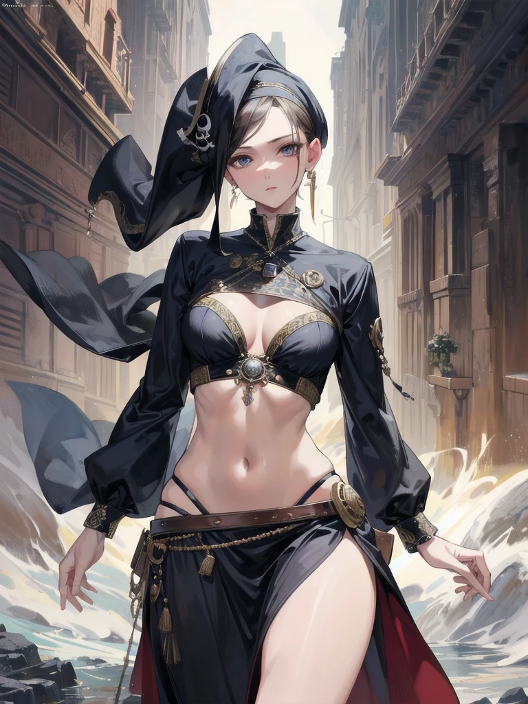 absurdres, RAW photo, extremely delicate and beautiful, masterpiece, Best Quality, ultra high resolution, 32k, hyperrealistic, ultra-detailed, perfect anatomy, anatomically correct, perfect figure, Perfect Style, Perfect balance, super Detailed skin, in her 30s, very Slim body, narrow waist, very small head, very small face, delicate facial features, handsome detailed woman, very detailed eyes and face, realistic face proportions, Realistic beautiful face, Realistic beautiful eyes, tearful mole, earring, huge round tits, whole body shot, medium hair, outdoor, (Practical pirate clothing, Long-sleeved pirate top:1.2), Skirt, Beautiful embroidery, beautiful fabric, Beautifully decorated, (in Cave:1.2),