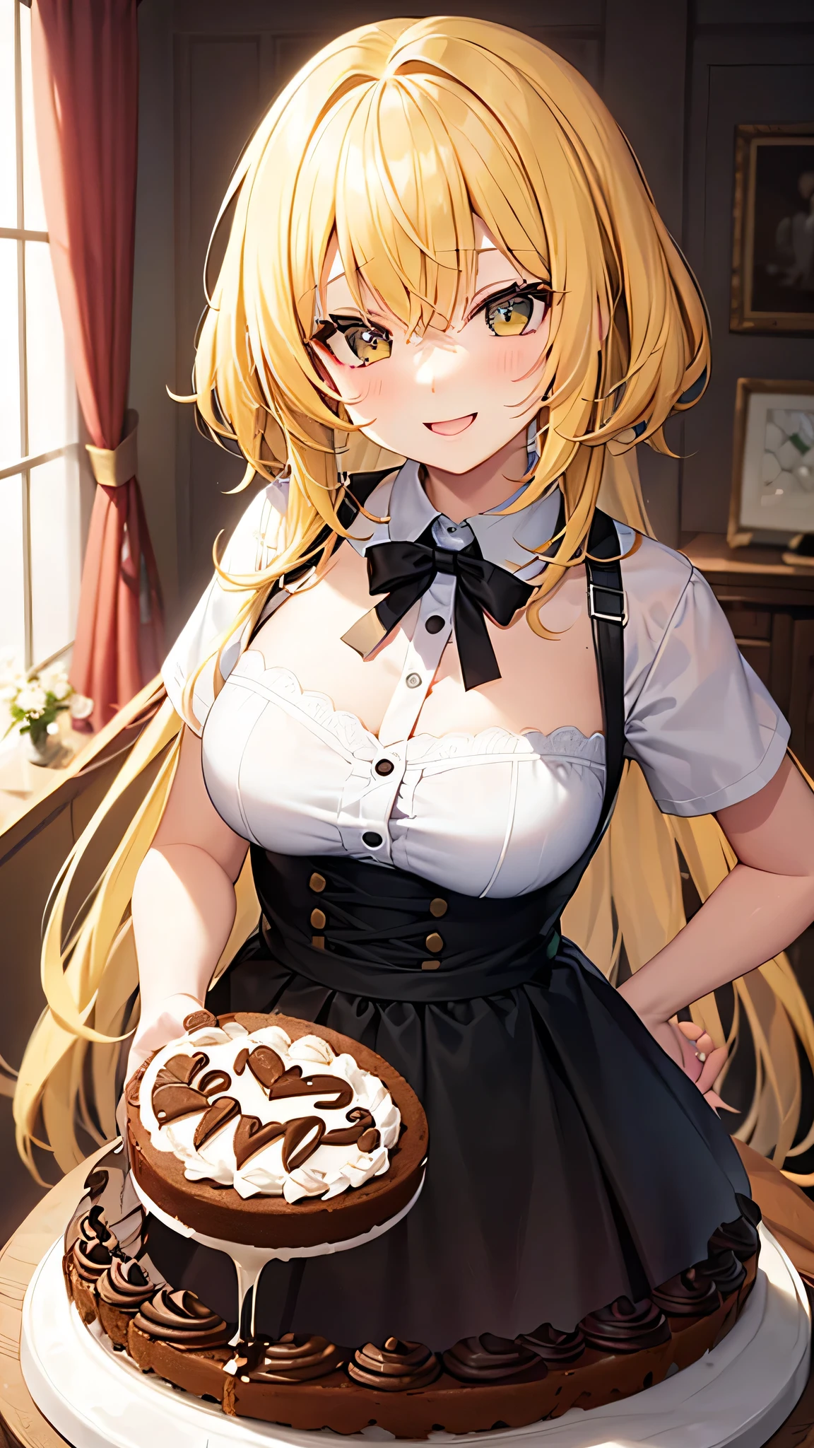 A yellow-haired girl, had a cake, Chocolate cake, Extra large, happiness