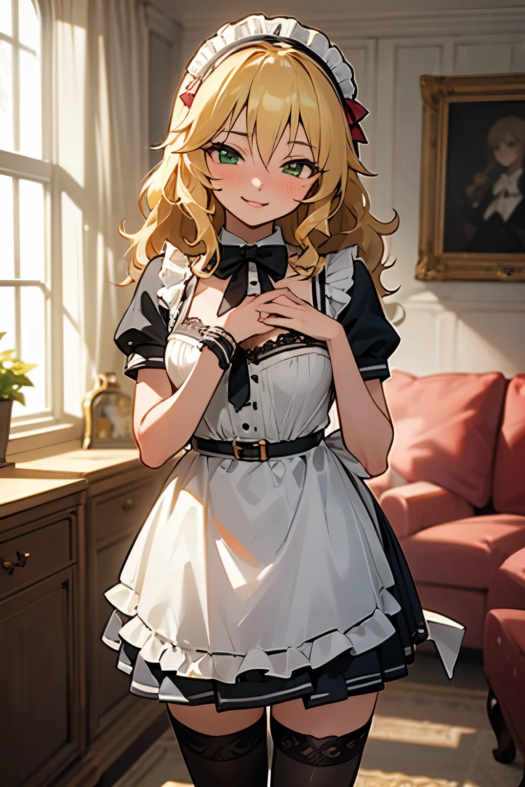 masterpiece,best quality, ultra-detailed,1girl(sakurai momoka, lovely small breasts, glow skin, wavy hair, long hair, blonde hair,green eyes),smile, glow lips, nose blush, blush, solo, maid(black), cleavage, frill, apron, maid headdress, ultra mini skirt, black garterbelt,  black lace thighhighs,  in the mansion,  livingroom, standing, 