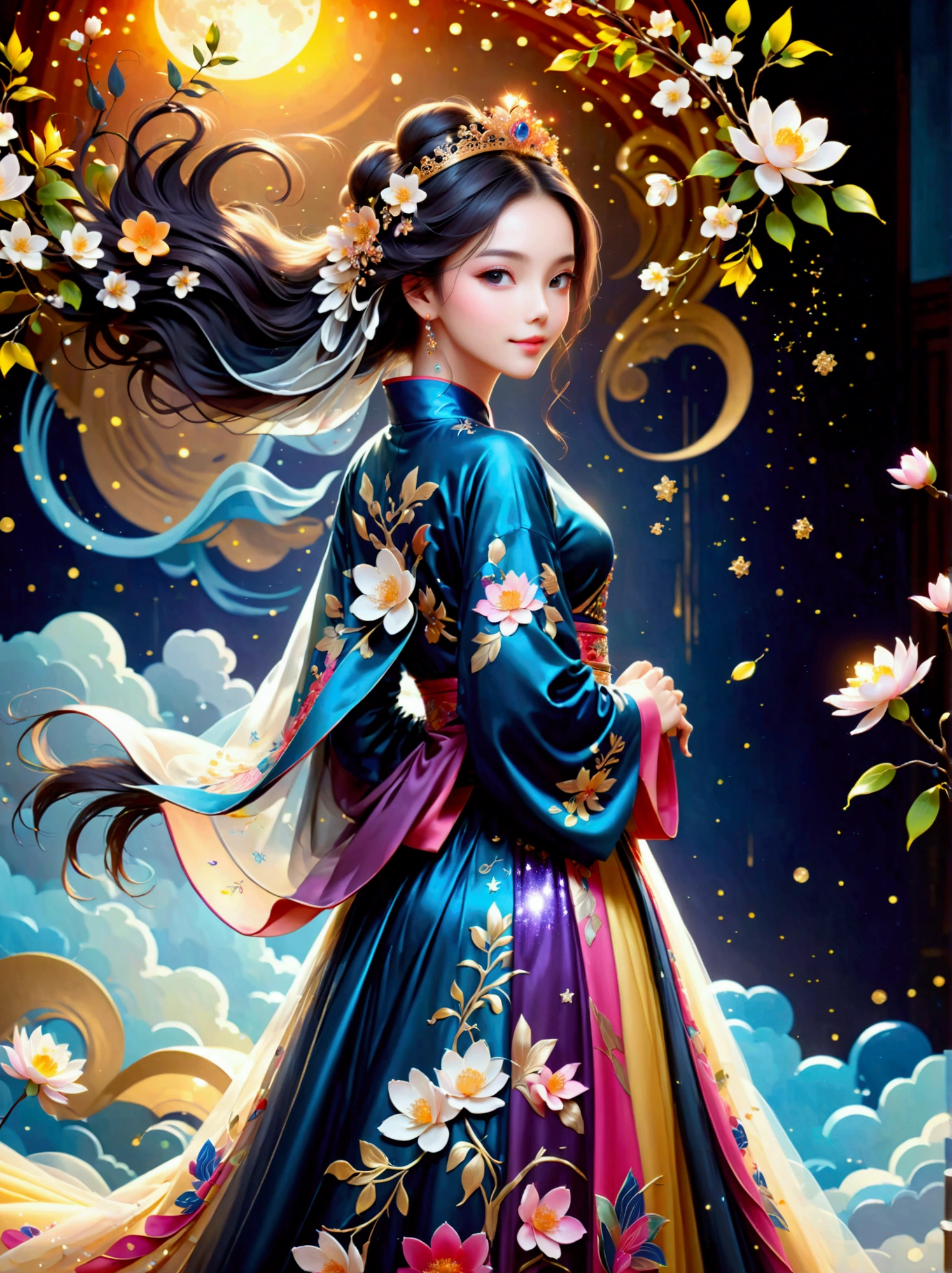 by Julien Arnal,Abstract Pictorial,Cartoon illustration,Sequins,Ambilight,Healing gouache,Starry Sky,Dark night shimmer,Youth Manga,Bright tones,gorgeous,Beautiful illustrations,Morandi color tone,Beautiful model catwalk,Performing dance steps。Wearing Ming Dynasty Hanfu,玫瑰Long skirt,Princess dress,gorgeous复古宫廷风格连衣裙,Long skirt,超Long skirt,- Wide hem,Long skirt下摆接近地面,The style is a high-end dress from the Hanfu Fashion Week,Haute couture,Private custom,Fashion show model,Big show,Tulle accessories on skirt。Necklace on the neck,short hair,Hair up,Headdress,big eyes,It's beautiful,((There was only one female model on the catwalk)),Men and women make up a large part of,The runway is covered with flowers,Background covered with flowers,Female model with a smile on her face,Standing,Elegant and dignified posture,8k,Ultra HD,masterpiece,precise,Textured Skin,High Detail,Best quality,Awards,Long Shot,Sense of distance,(Vector illustration:1.5)