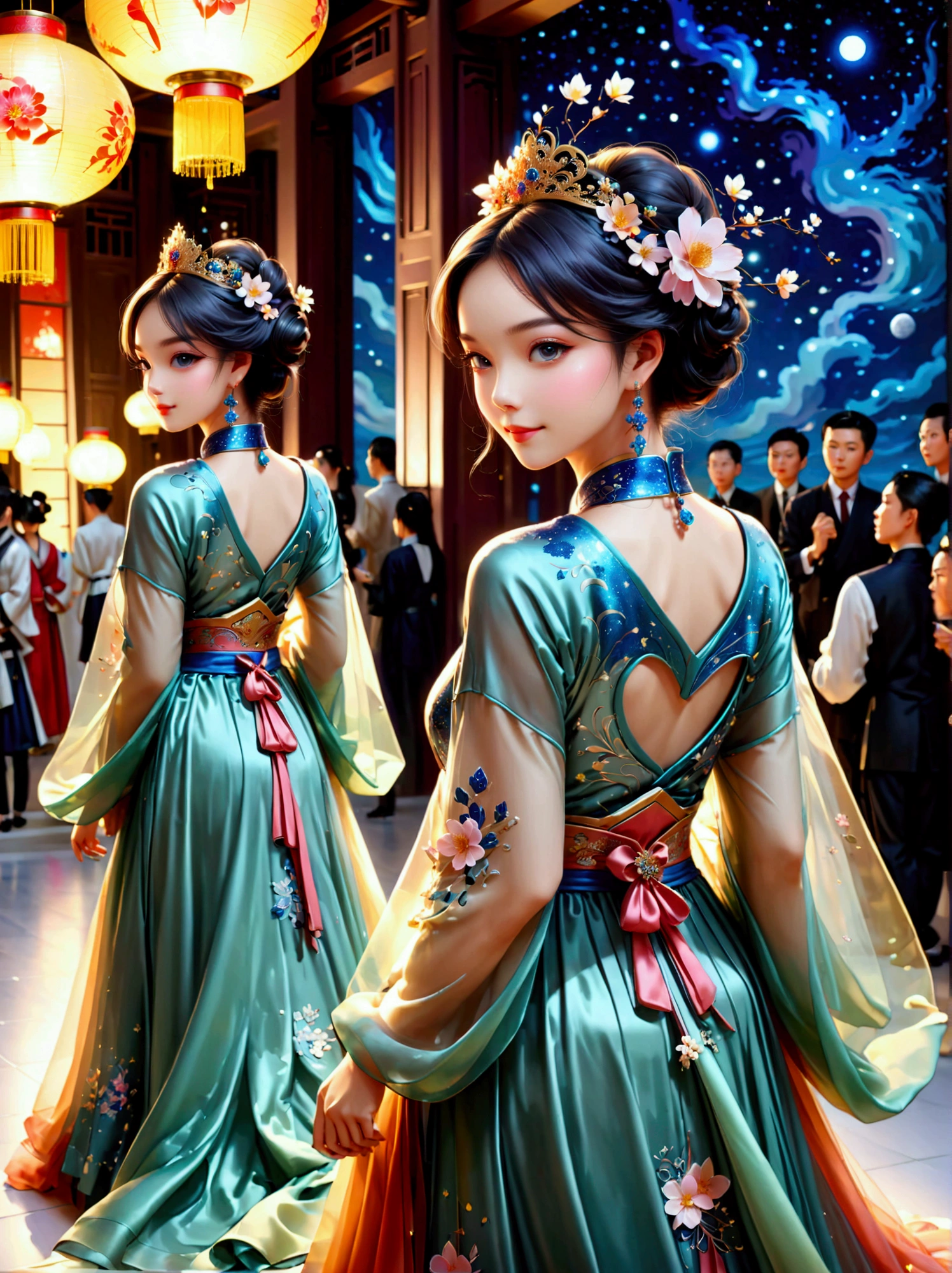 by Julien Arnal,Abstract Pictorial,Cartoon illustration,Sequins,Ambilight,Healing gouache,Starry Sky,Dark night shimmer,Youth Manga,Bright tones,gorgeous,Beautiful illustrations,Morandi color tone,Beautiful model catwalk,Performing dance steps。Wearing Ming Dynasty Hanfu,玫瑰Long skirt,Princess dress,gorgeous复古宫廷风格连衣裙,Long skirt,超Long skirt,- Wide hem,Long skirt下摆接近地面,The style is a high-end dress from the Hanfu Fashion Week,Haute couture,Private custom,Fashion show model,Big show,Tulle accessories on skirt。Necklace on the neck,short hair,Hair up,Headdress,big eyes,It's beautiful,((There was only one female model on the catwalk)),Men and women make up a large part of,The runway is covered with flowers,Background covered with flowers,Female model with a smile on her face,Standing,Elegant and dignified posture,8k,Ultra HD,masterpiece,precise,Textured Skin,High Detail,Best quality,Awards,Long Shot,Sense of distance,(Vector illustration:1.5)