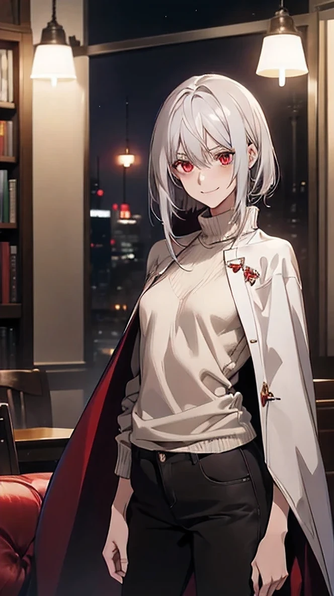 (Confused, High resolution, Very detailed), 1 female, Silver Hair,Shortcuts,Bright red eyes,sweater,24th generation,beauty,mature,thin,quiet,Calm,A small smile,A kind smile,Embarrassed smile,In front of the person I like,Food Cape,Slender and thin,boots,skinny pants,Night Library,,talk,sofa,Small breasts,