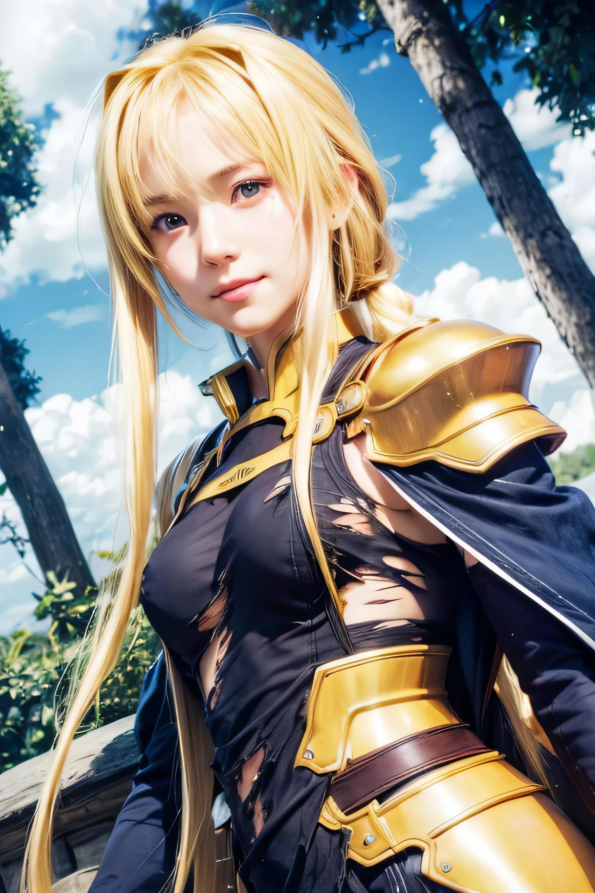 masterpiece, best quality, (realistic,photo-realistic:1.4), (RAW photo:1.2), extremely detailed CG unity 8k wallpaper, delicate and beautiful, amazing,finely detail, official art, absurdres, incredibly absurdres, huge filesize, ultra-detailed,extremely detailed eyes and face,light on face,yuuki asuna,(little smile),(blonde hair:1.4),(long hair:1.4),(wearing torn dress:1.5),nature background,(medium breast:1.3),golden armor