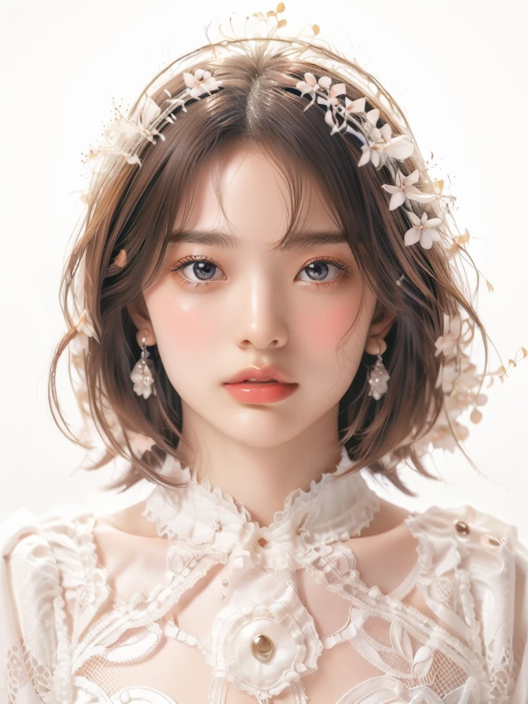 White Background、Professional Lighting、(((Professional Lighting 1.5)))、Translucent skin texture、Beautiful Skin、Beautiful Skin、、(((Whitening 1.5)))、White dress、See through、、Ecstasy of Musical Notes、((white dress 1.5))、See through1.5、Bust up photo、Simple earrings and necklace、Fluttering Hair、