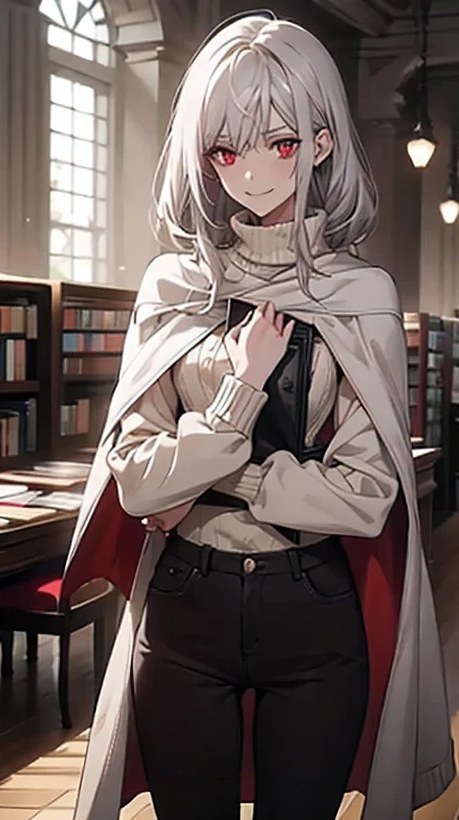 (Confused, High resolution, Very detailed), 1 female, Silver Hair,Shortcuts,Bright red eyes,sweater,24th generation,beauty,mature,thin,quiet,Calm,A small smile,A kind smile,Embarrassed smile,In front of the person I like,Food Cape,Slender and thin,boots,skinny pants,Night Library,,talk,sofa,Small breasts,
