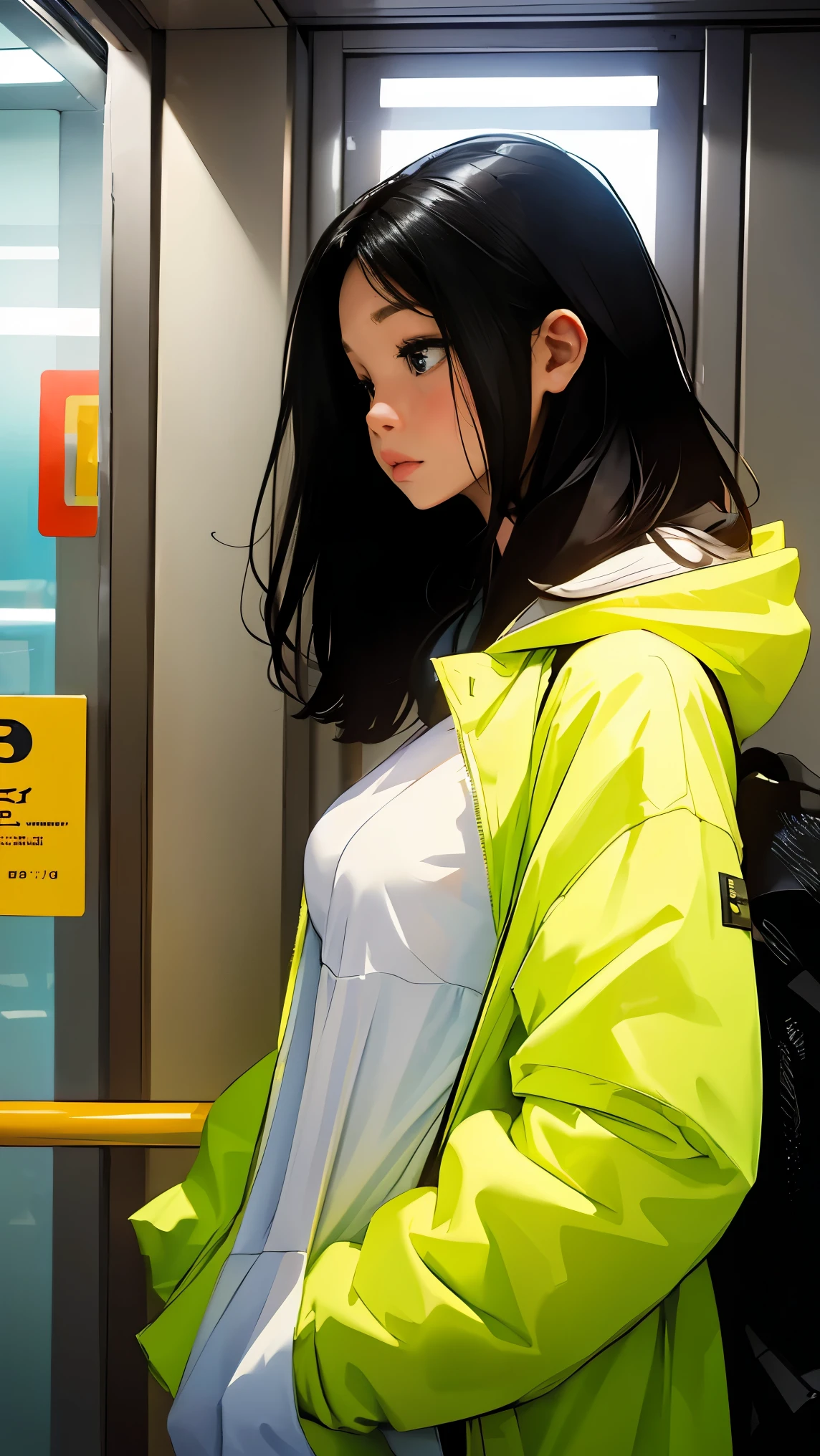Woman looking at the view outside the window in front of the subway doors、Bright colors、Soft Focus、Light leakage、Yellow hoodie、Experimental charm、A break in color field painting with a retro appeal、Various colors、abstract expressionism、Bold colors、Emotional impact、Atmospheric Depth、Minimalist Approach Break、Beautiful girls、uhd（Super detailed）、Flashy、long、Black Hair、Japanese、Bright padded clothing、White stardust in a dark place、Absurd、High resolution、Very detailed、Bright colors、Soft Focus、Light leakage、Dreamy atmosphere、information、Black Hair、Large Breasts