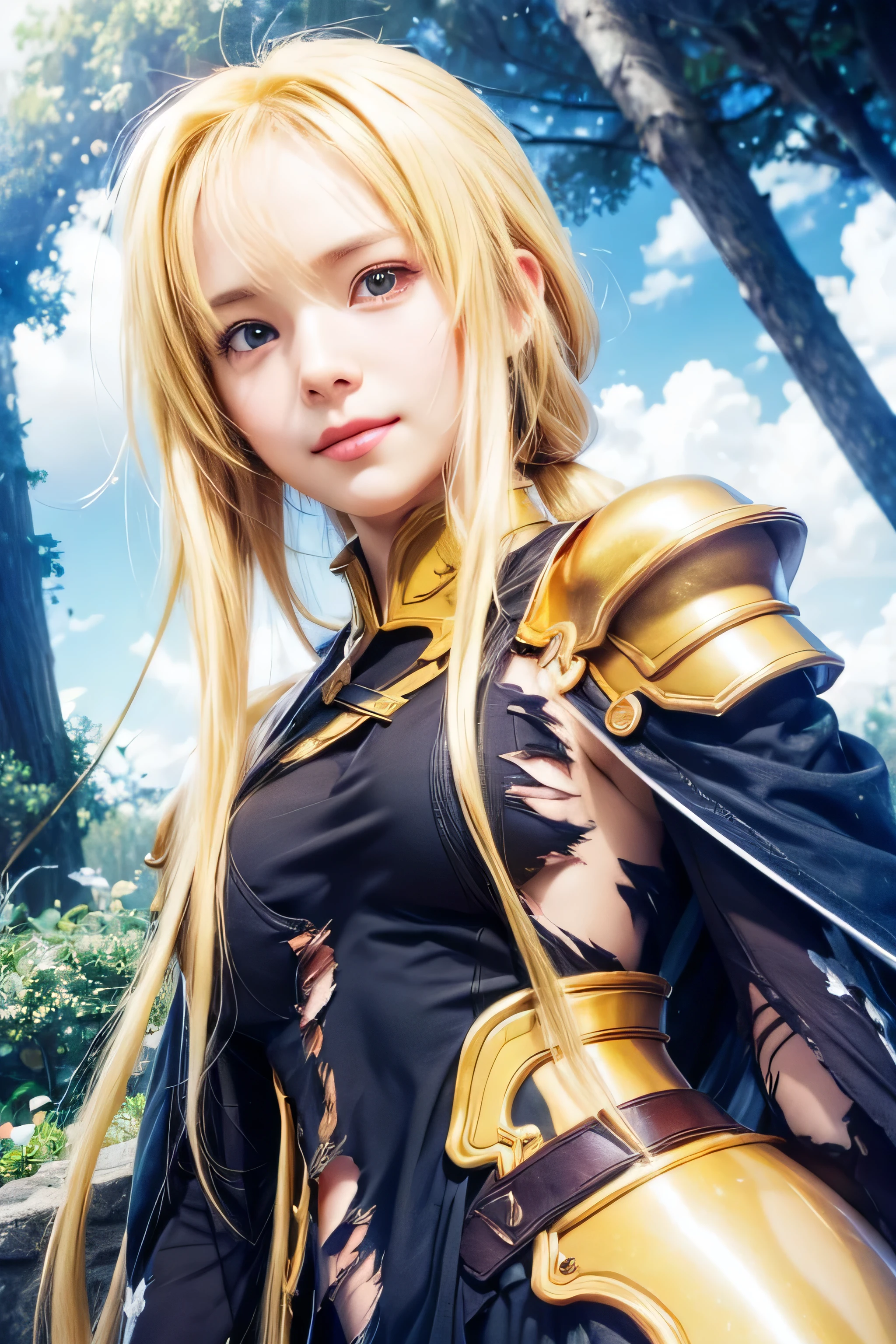 masterpiece, best quality, (realistic,photo-realistic:1.4), (RAW photo:1.2), extremely detailed CG unity 8k wallpaper, delicate and beautiful, amazing,finely detail, official art, absurdres, incredibly absurdres, huge filesize, ultra-detailed,extremely detailed eyes and face,light on face,yuuki asuna,(little smile),(blonde hair:1.4),(long hair:1.4),(wearing torn dress:1.5),nature background,(medium breast:1.3),golden armor