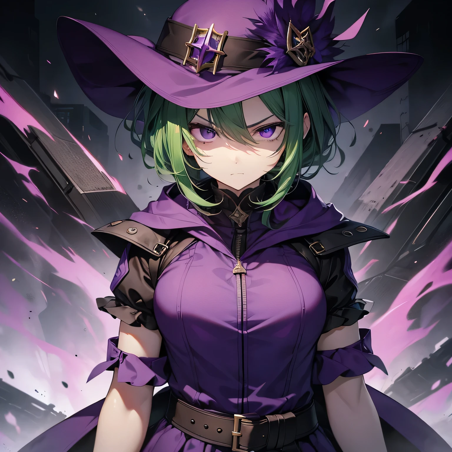 Best image quality、highest quality、Beautiful Eyes、4k、expression of murderous intent、Expressions of hatred、Purple Eyes、Green Hair