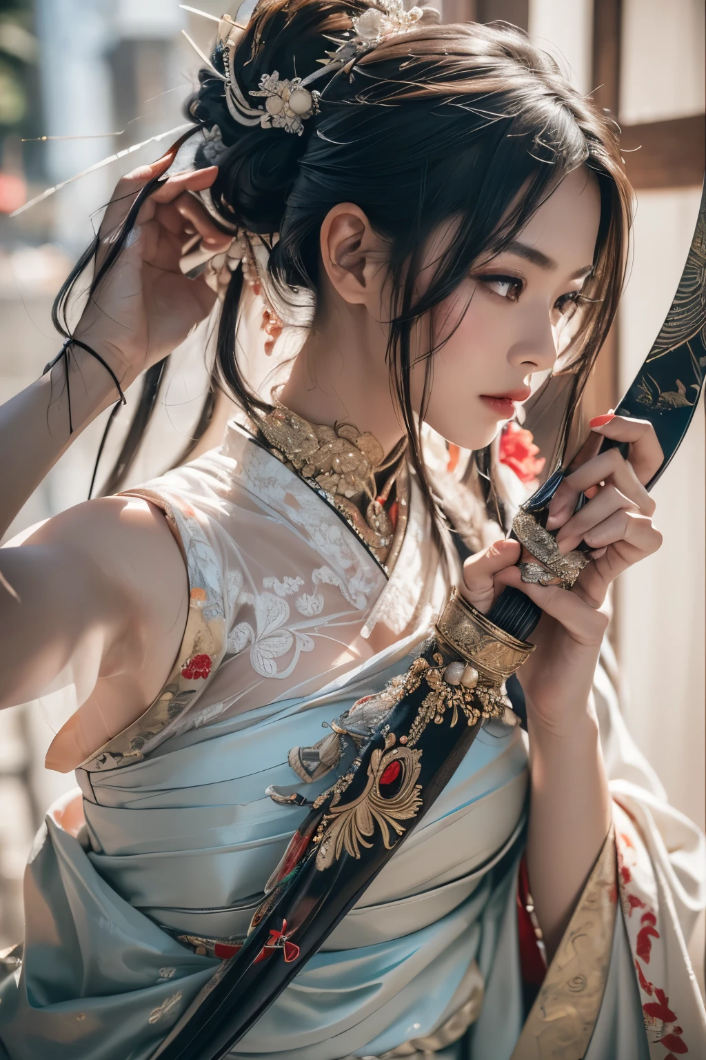 (Best image quality), (masterpiece), (vibrant, realistic photo, realistic, dramatic, dark, sharp focus, 8k), beautiful, Highly detailed face and skin texture, Sexy wedding dresses, heavenly beauty, Mature Asian Women,black long hair, assembly, NSFW ,close up shot, ((backlight)), holding a knife, samurai wedding