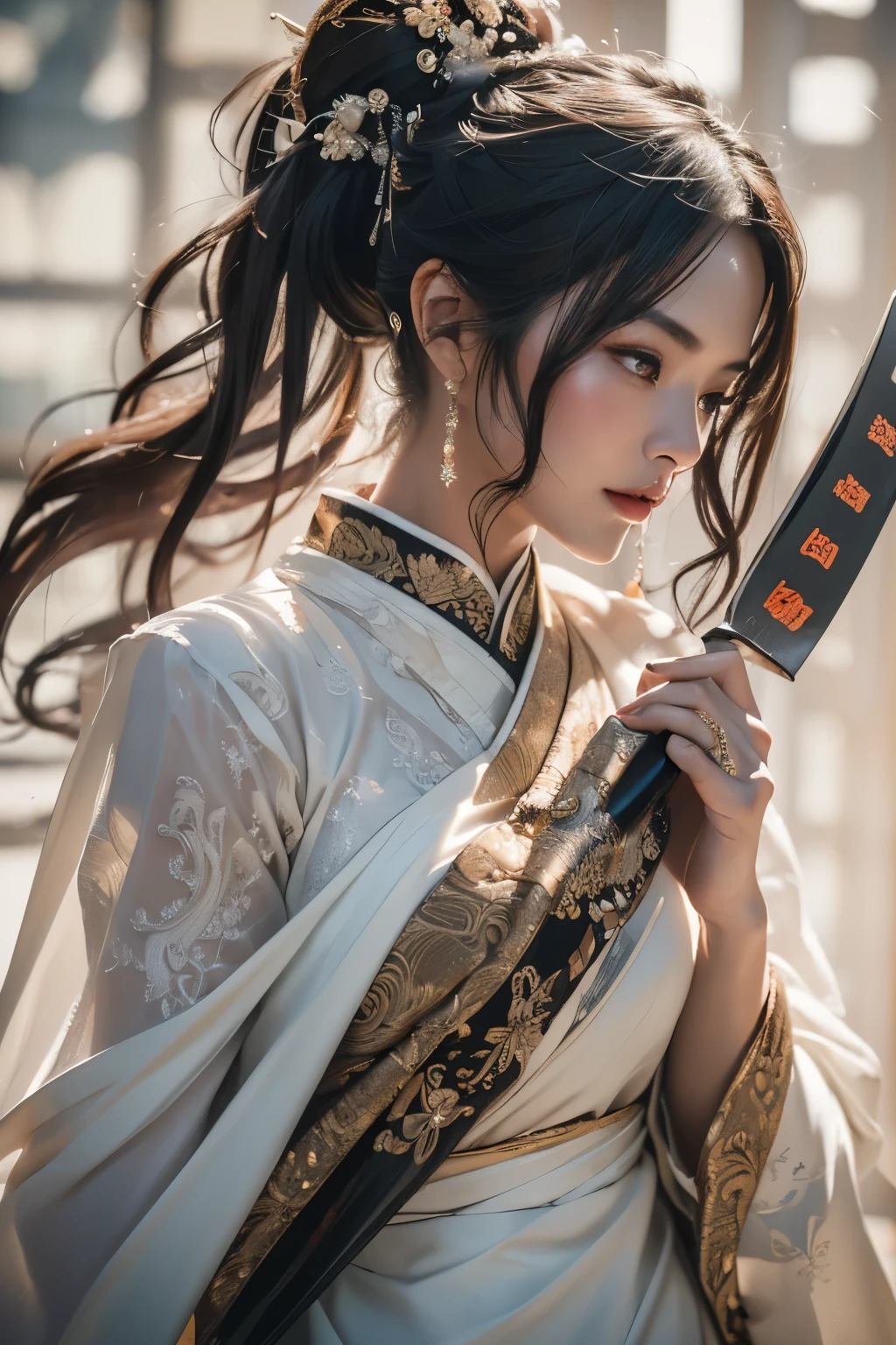 (Best image quality), (masterpiece), (vibrant, realistic photo, realistic, dramatic, dark, sharp focus, 8k), beautiful, Highly detailed face and skin texture, Sexy wedding dresses, heavenly beauty, Mature Asian Women,black long hair, assembly, NSFW ,close up shot, ((backlight)), holding a knife, samurai wedding