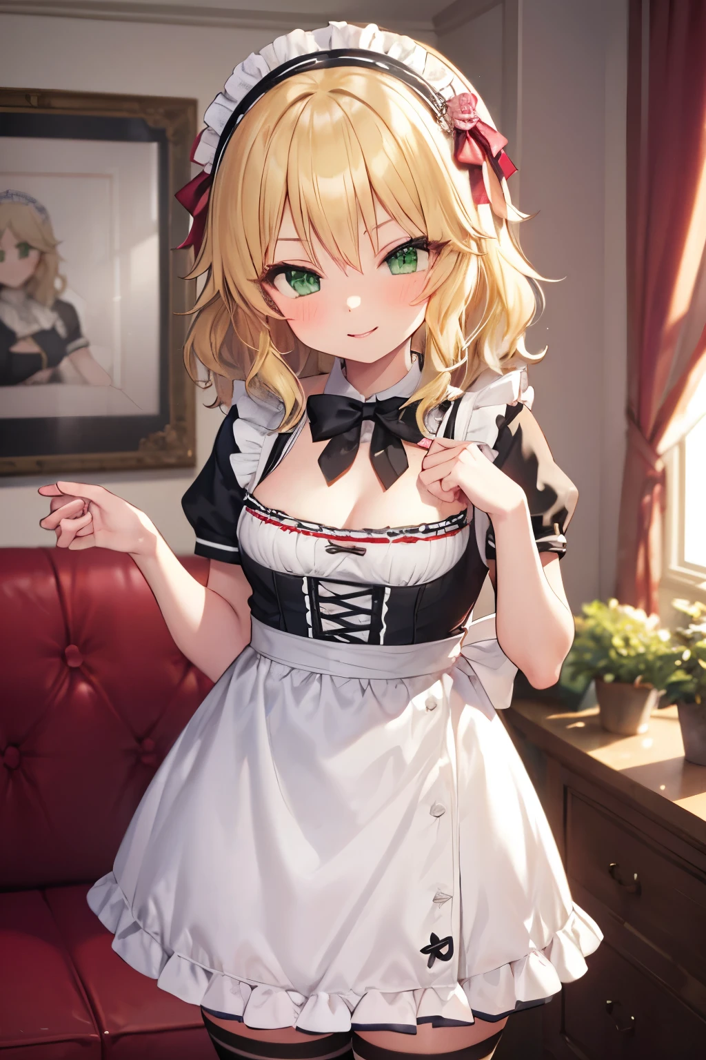 masterpiece,best quality, ultra-detailed,1girl(sakurai momoka, lovely small breasts, glow skin, wavy hair, long hair, blonde hair,green eyes),smile, glow lips, nose blush, blush, solo, maid(black), cleavage, frill, apron, maid headdress, ultra mini skirt, black garterbelt,  black lace thighhighs,  in the mansion,  livingroom, standing, 