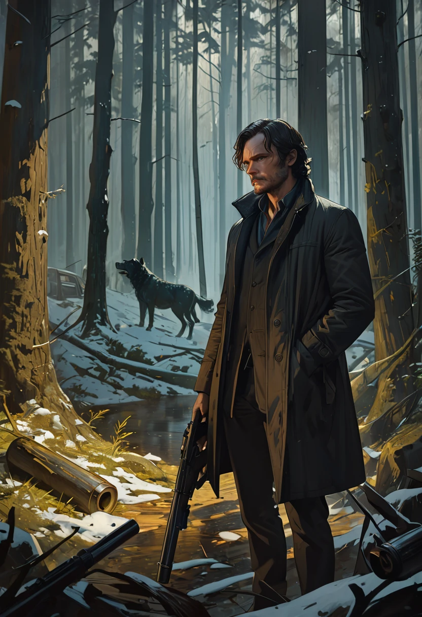 a man with a gun stands in the forest at night, Stefan Koidl inspired, Lubezki, fan art, Jon Snow, Casey Baugh and James Jean, Tarkovsky, oil on canvas. cinematic, Hannibal, Will Graham, concept art for films, Maxim Verekhin, style Dragan Bibin, cinematic painting, Craig Mullins, dappled lighting