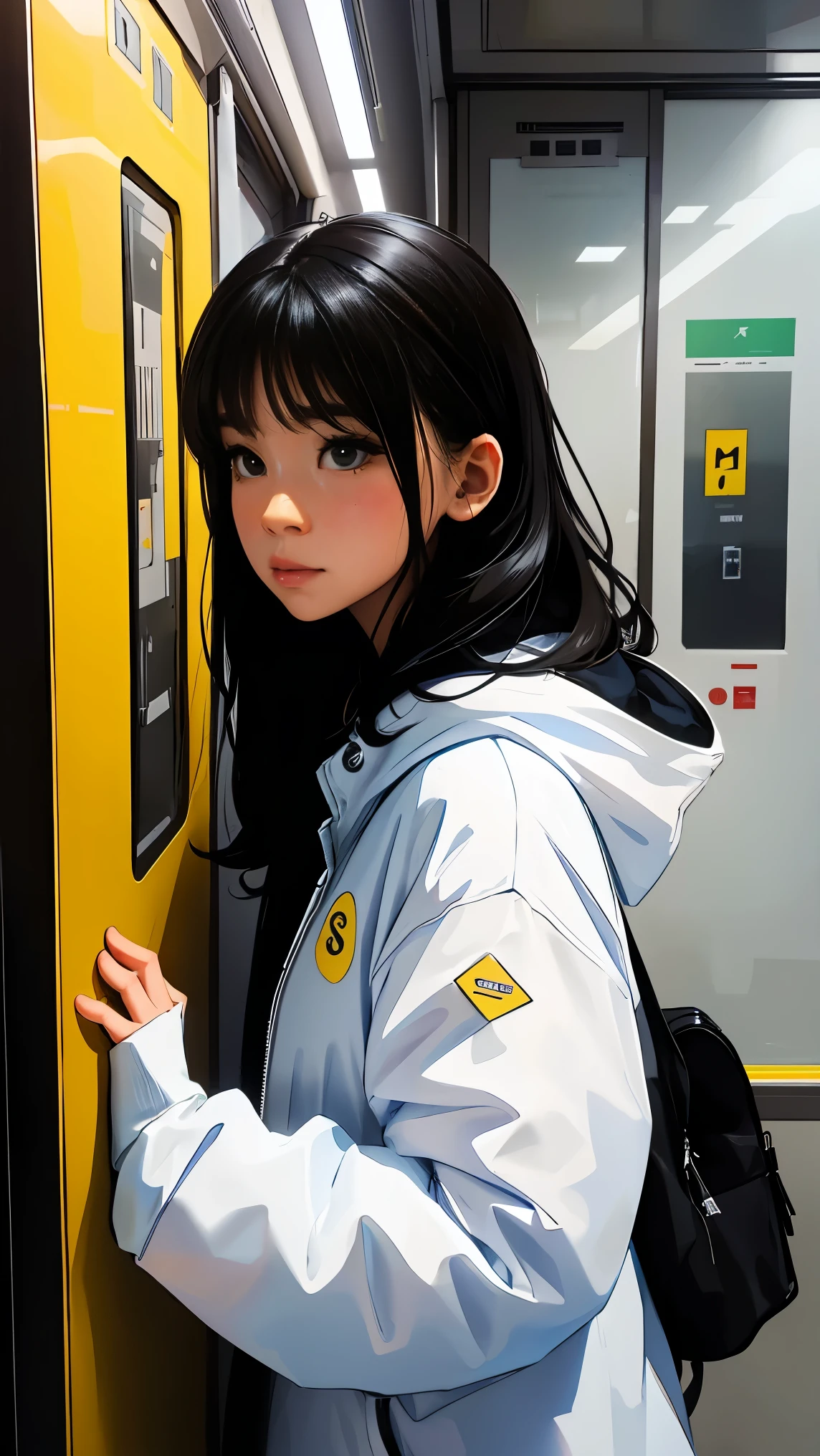 Woman looking at the view outside the window in front of the subway doors、Bright colors、Soft Focus、Light leakage、Yellow hoodie、Experimental charm、A break in color field painting with a retro appeal、Various colors、abstract expressionism、Bold colors、Emotional impact、Atmospheric Depth、Minimalist Approach Break、Beautiful girls、uhd(Super detailed)、Flashy、Shortcuts、Black Hair、Japanese、Bright padded clothing、White stardust in a dark place、Absurd、High resolution、Very detailed、Bright colors、Soft Focus、Light leakage、Dreamy atmosphere、information、Black Hair、Large Breasts