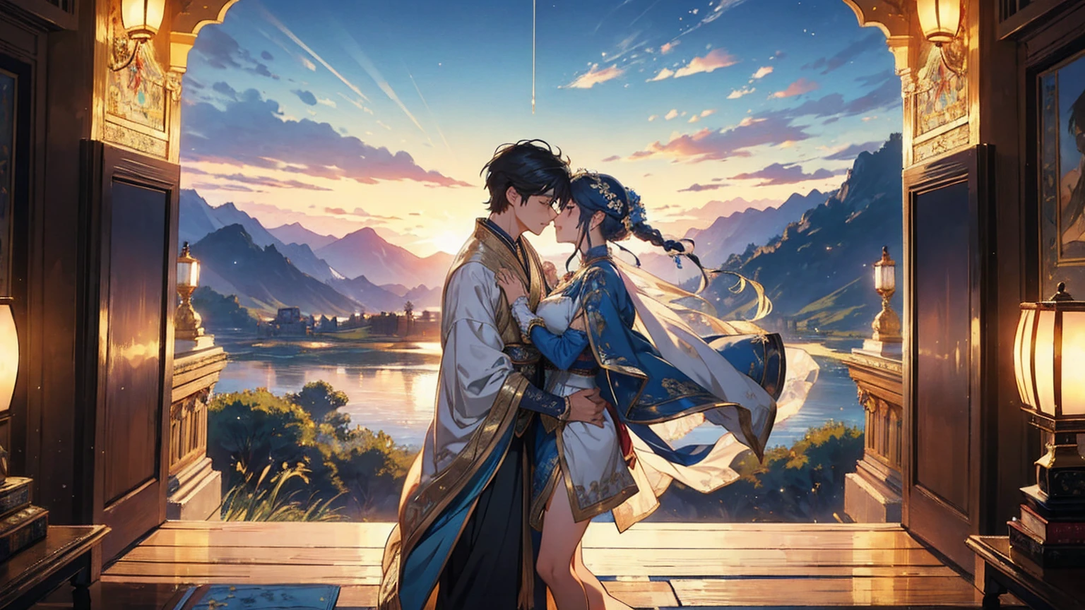 masterpiece, Highest quality, Very detailed, An intimate encounter between a man and a woman unfolds in a heartwarming and enchanting scene.。The stage is、steppe of central asia。The banks of the great river sparkling in the sunlight。Fantastic and majestic continental scenery。Creates a romantic atmosphere。 They stand facing each other,。their heights are different from each other。 emphasizes their unique physical characteristics。 That man is his height,Has dark hair that frames his striking face。The man is the crown prince of a steppe nomadic empire.。The man was wearing an ultramarine costume.、It is decorated with intricate golden embroidery.。A woman is a civilian in the oasis and is wearing Uyghur national costume.。The woman is delicate and .。Show off your radiant beauty with flowing, brightly colored hair. Their lips meet in a passionate kiss。 their pure love、Emphasis is placed on transcending class and culture.。 This magical moment captures the essence of their love,。evokes a feeling of sweetness and enchantment。Japanese girl manga patterns、symbolism、impressionism、romantic、Persian miniature、Reminiscent of the style of Alma Tadema and Gustave Moreau、It has an exotic, luxurious and profound charm.。