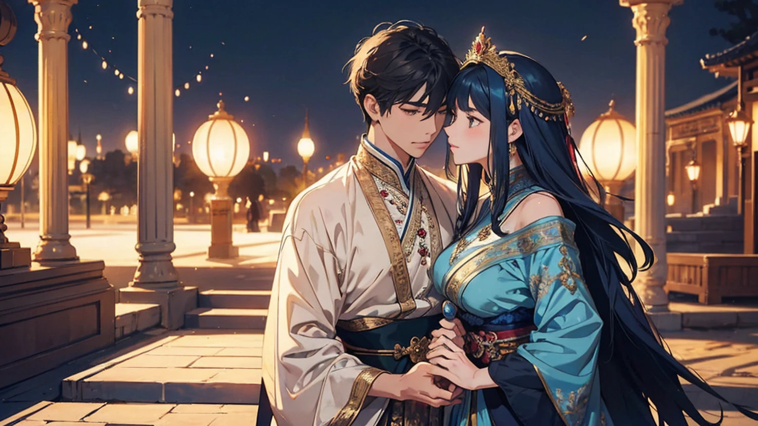 masterpiece, Highest quality, Very detailed, An intimate encounter between a man and a woman unfolds in a heartwarming and enchanting scene.。The stage is、steppe of central asia。The banks of the great river sparkling in the sunlight。Fantastic and majestic continental scenery。Creates a romantic atmosphere。 They stand facing each other,。their heights are different from each other。 emphasizes their unique physical characteristics。 That man is his height,Has dark hair that frames his striking face。The man is the crown prince of a steppe nomadic empire.。The man was wearing an ultramarine costume.、It is decorated with intricate golden embroidery.。A woman is a civilian in the oasis and is wearing Uyghur national costume.。The woman is delicate and .。Show off your radiant beauty with flowing, brightly colored hair. Their lips meet in a passionate kiss。 their pure love、Emphasis is placed on transcending class and culture.。 This magical moment captures the essence of their love,。evokes a feeling of sweetness and enchantment。Japanese girl manga patterns、symbolism、impressionism、romantic、Persian miniature、Reminiscent of the style of Alma Tadema and Gustave Moreau、It has an exotic, luxurious and profound charm.。