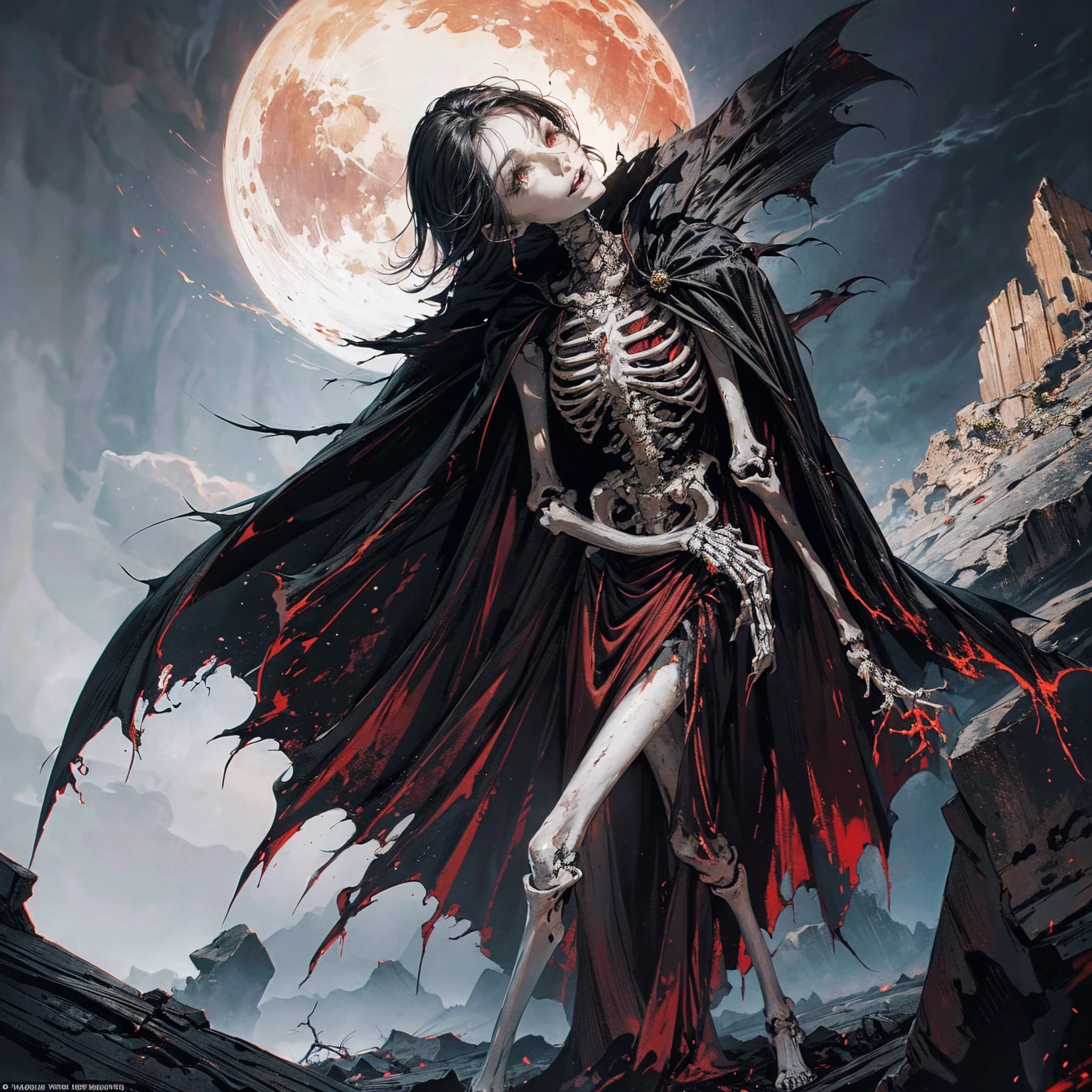 full-body shot, best quality, 4K, high resolution, masterpiece, Very detailed, Mood lighting, An undead girl in a long cape, Whole body including hands & arms & legs & feet are all skeleton bones but except the head is still beautiful human face, Wearing a ragged gothic skirt, Aloofness emotion, Dangerous sneer, Beautiful but cruel smile, Black Hair, Standing, Facing the camera, Crucified, Pitch black sky, Blood-red moon, strange atmosphere, Gothic style, Unforgettable beauty, Dramatic shadows, Ethereal Light, Mysterious atmosphere.