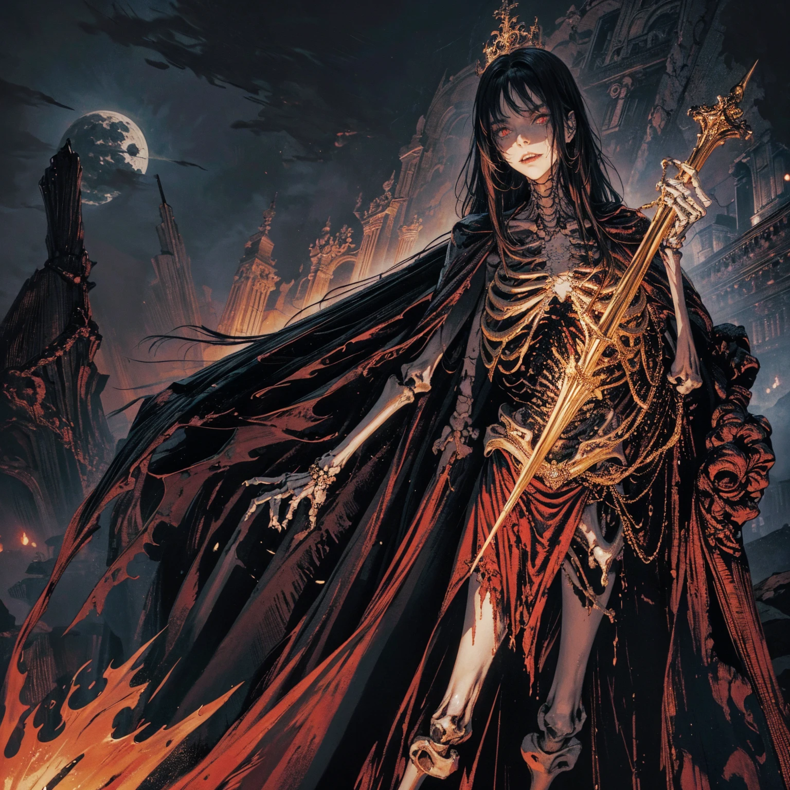 full-body shot, best quality, 4K, high resolution, masterpiece, Very detailed, Mood lighting, An undead girl in a long cape, Whole body including hands & arms & legs & feet are all skeleton bones but except the head is still beautiful human face, Wearing a ragged gothic skirt, Aloofness emotion, Dangerous sneer, Beautiful but cruel smile, Black Hair, Standing, Facing the camera, Crucified, Pitch black sky, Blood-red moon, strange atmosphere, Gothic style, Unforgettable beauty, Dramatic shadows, Ethereal Light, Mysterious atmosphere.