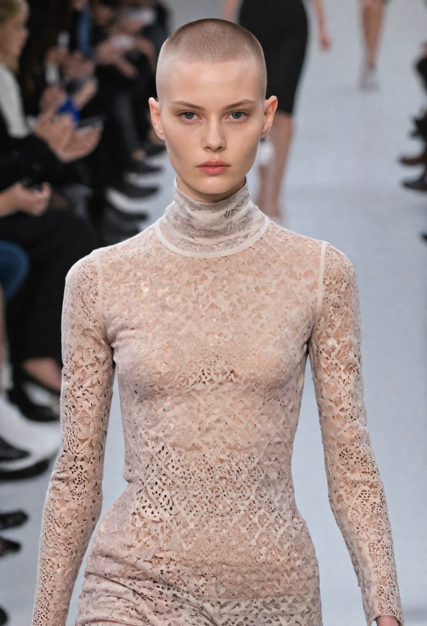beautiful buzzcut supermodel on a runway show, Best quality, intricate details, clean lines, eye-catching composition, soft tones, semi-realism, perfect illustration, dynamic pose, ample headroom