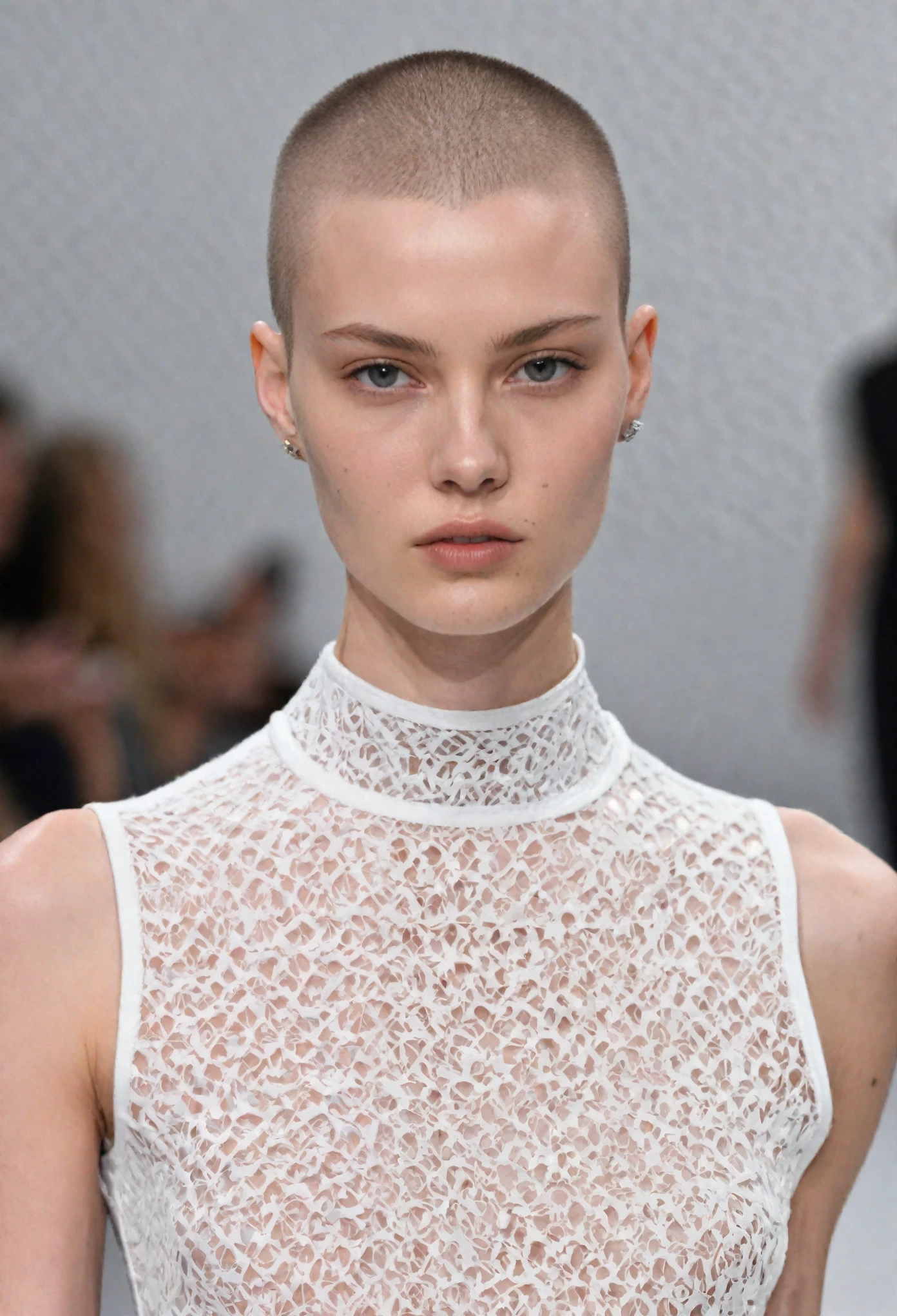 beautiful buzzcut supermodel on a runway show, Best quality, intricate details, clean lines, eye-catching composition, soft tones, semi-realism, perfect illustration, dynamic pose, ample headroom