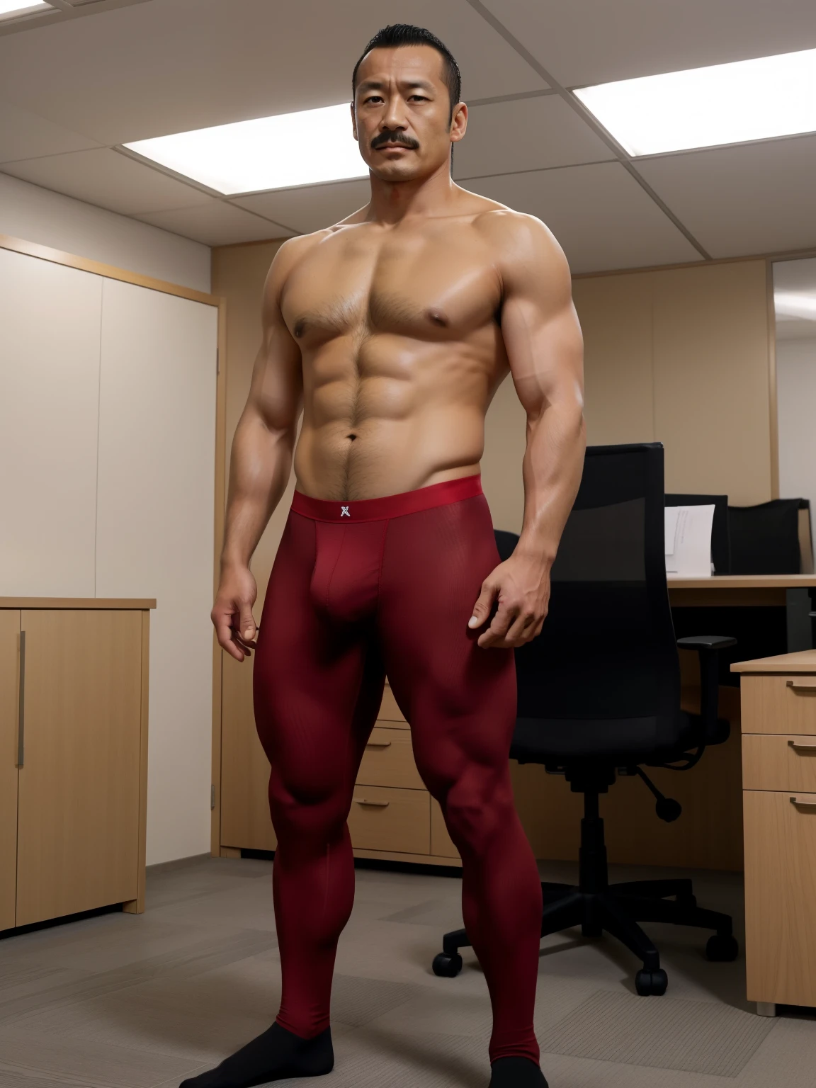 40 years old，Hidetoshi Nakata，（Kogoro Mori 1.3），whole body，Black socks，Two skinny muscular men standing，office，Thick body hair，Red underwear，Topless，Densely hairy，Fortitude，HD，With a mustache，Tights