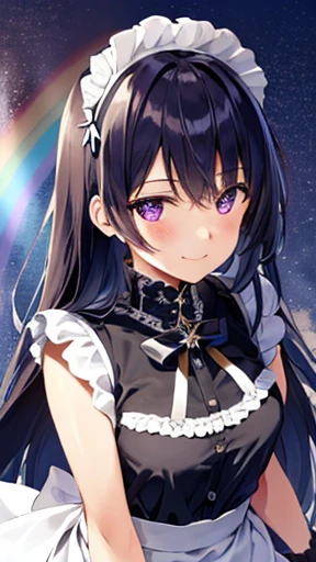 One Girl, (Ultra_detailed), (Written boundary depth),
like , gloves, Mouth closed, Long Hair, star (symbol), View your audience, (Rainbow Hair ), Purple eyes, Upper Body, hair ornaments, :p, Frills, Maid dress, smile, Sleeveless, Maid, symbol pupils, fringe, star pupils, Maid caffe, 
Roaring years, Isoscale, From above, null, flower, cliff,
Center of chest, (Folded), (With low-cut top), Maid, city, Tokyo
