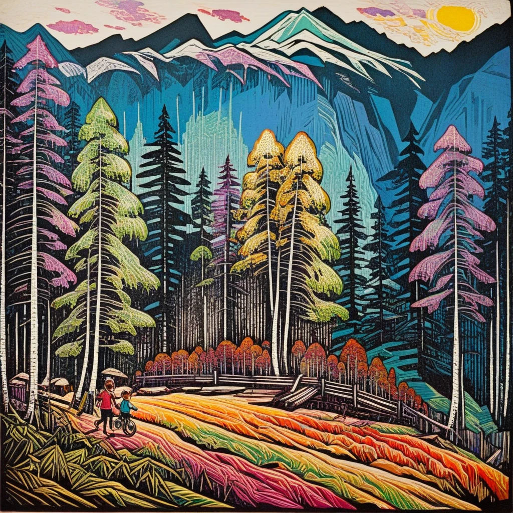 realistic, colorful. woodcut, , espressionism, clear lines, mountain and forest landscape, children