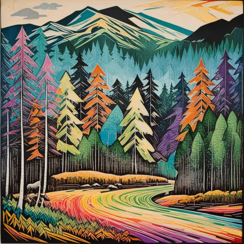 realistic, colorful. woodcut, , espressionism, clear lines, mountain and forest landscape, children