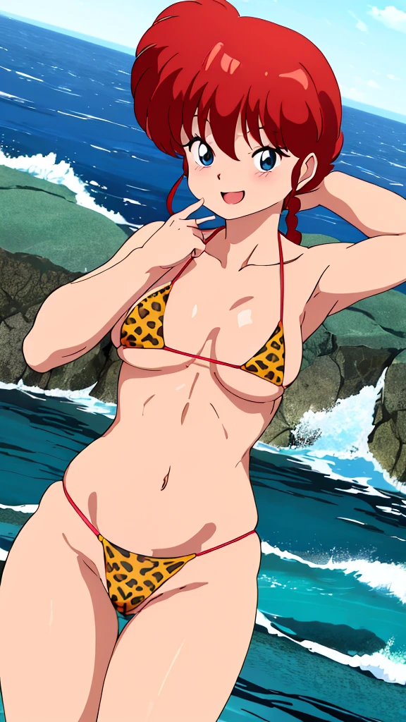 (masterpiece, 4K, Highest quality, anime style: 1.9, Detailed face, Lovely, Bold Line, High resolution, anime,Ocean,bold,Lake 4,alone, Curvaceous, Thighs, Small breasts,Cleavage, Center of chest, smile,(Please open your mouth wide),Very slim belly, Cowboy Shot, Leopard print bikini,1 girl,blush,Naked in a swimsuit,Ranma1/2,Ranma,(Place your hands behind your head)