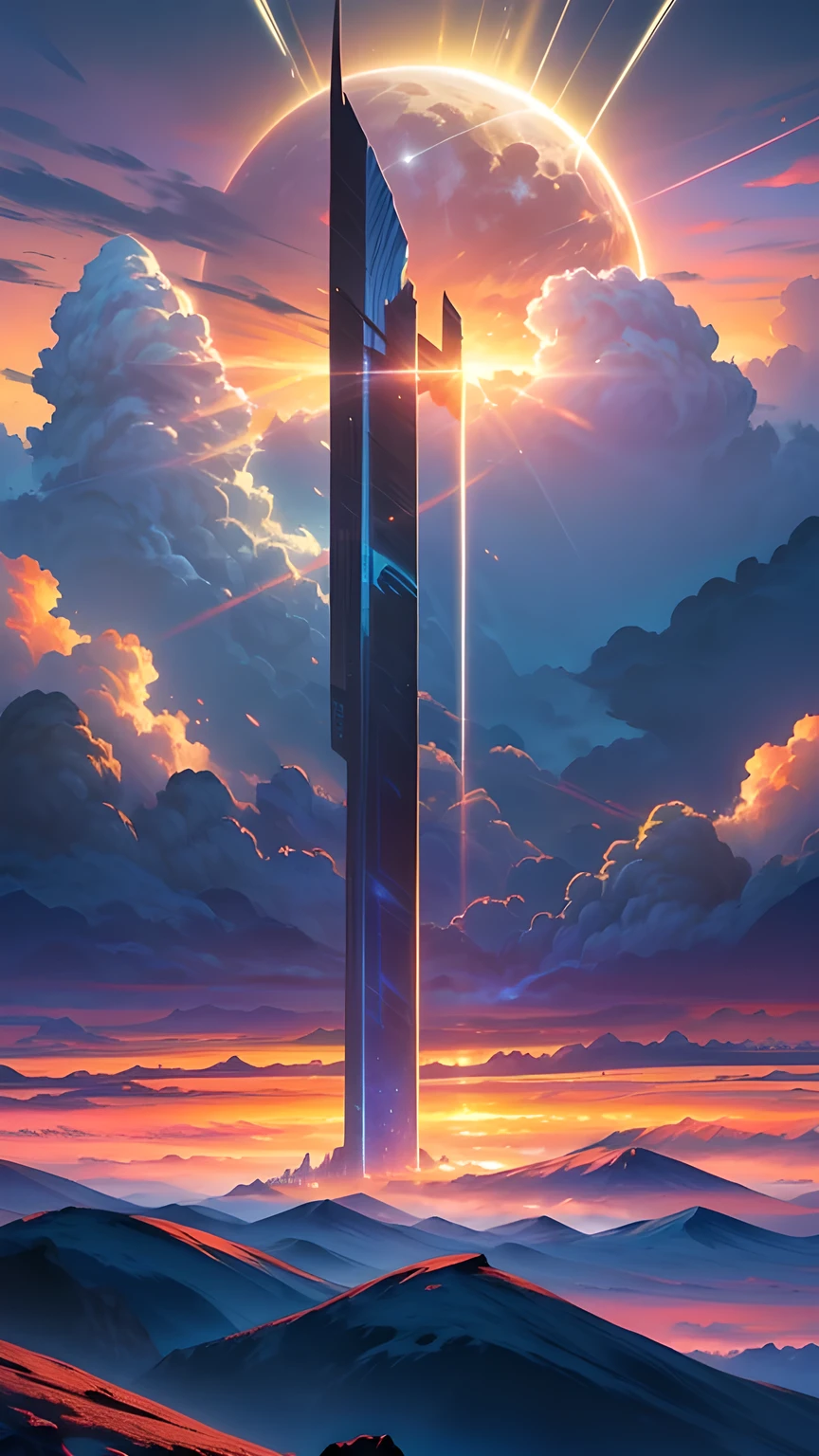(best quality,4K,8K,high resolution,masterpiece:1.2),Extremely detailed,(Practical,photoPractical,photo-Practical:1.37),Blue sky,Flame particles,sunrise,Vibrant colors,Warm lighting,Abstract Art,Brushstrokes,Paradise scenery,Ethereal atmosphere,Peaceful atmosphere,Tranquil scenery,Explosive Energy,Magnificent,Extraordinary nature,thin clouds,Soft tones,Sublime Creation,Stunning views,Dynamic Synthesis,Luminescence,Lighting up the horizon,Melting colors,fiery glow,Mesmerizing interplay of colors,sharp contrast,Mesmerizing light show,Celestial Phenomenon,spectacular sunrise painting,transcendent masterpiece,surreal sky,Stunning visual impact