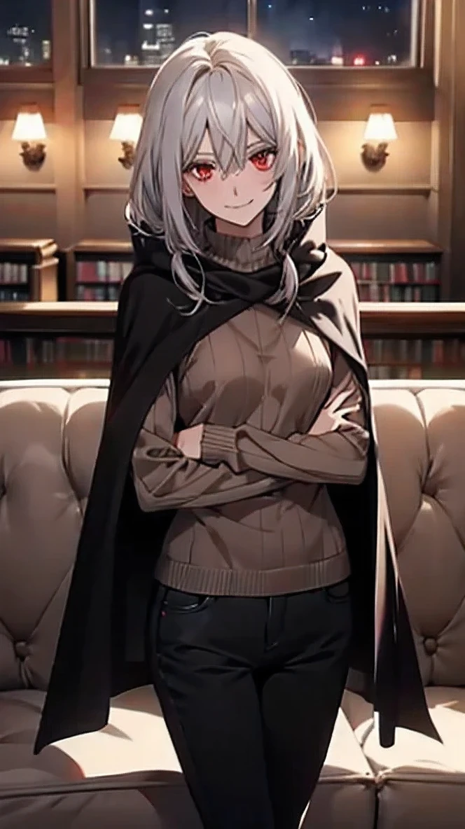 (Confused, High resolution, Very detailed), 1 female, Silver Hair,Shortcuts,Bright red eyes,sweater,24th generation,beauty,mature,thin,quiet,Calm,A small smile,A kind smile,Embarrassed smile,In front of the person I like,Food Cape,Slender and thin,boots,skinny pants,Night Library,,talk,sofa,Small breasts,