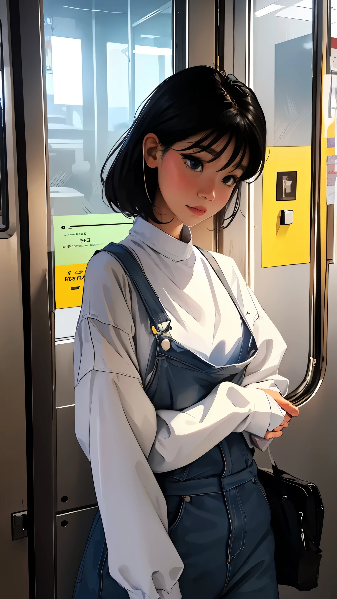 Woman looking at the view outside the window in front of the subway doors、Bright colors、Soft Focus、Light leakage、Overalls、Experimental charm、A break in color field painting with a retro appeal、Various colors、abstract expressionism、Bold colors、Emotional impact、Atmospheric Depth、Minimalist Approach Break、Beautiful girls、uhd(Super detailed)、Flashy、long、Black Hair、Japanese、Bright padded clothing、White stardust in a dark place、Absurd、High resolution、Very detailed、Bright colors、Soft Focus、Light leakage、Dreamy atmosphere、information、Black Hair、Large Breasts