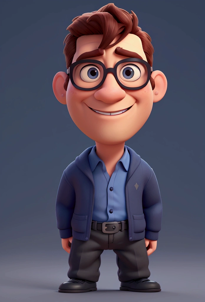 Cartoon character of a man in black glasses and blue shirt, an animated character, stylized character, animation style rendering, 3d stylized, Arnold Maya rendering, Stylized 3D rendering, toon render screenshot, 3d character, 3d character, Stylized 3D rendering, 3D character rendering, cartoon character, Personagem de close up, character posing, (Pixar-style) (master part:1.2) (bokeh) (best qualityer) (skin detailed) (detailed texture) (8k) (Argilla) (cinematic lighting) (sharp focus，Sit down and lift your upper body