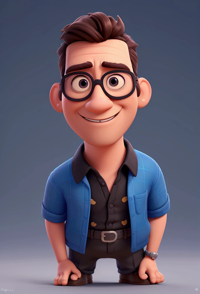 Cartoon character of a man in black glasses and blue shirt, an animated character, stylized character, animation style rendering, 3d stylized, Arnold Maya rendering, Stylized 3D rendering, toon render screenshot, 3d character, 3d character, Stylized 3D rendering, 3D character rendering, cartoon character, Personagem de close up, character posing, (Pixar-style) (master part:1.2) (bokeh) (best qualityer) (skin detailed) (detailed texture) (8k) (Argilla) (cinematic lighting) (sharp focus,Sit down and lift your upper body