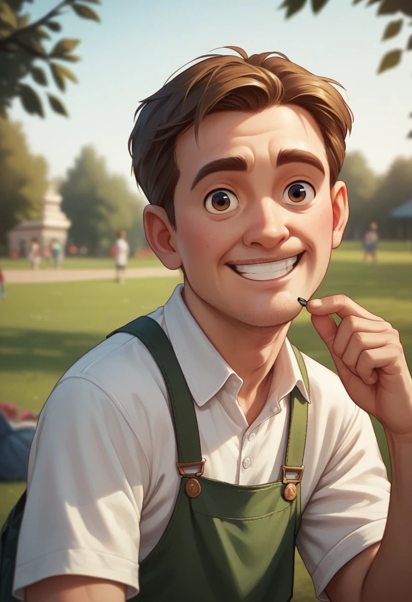 Create Disney Picture. A young father takes a photo with his four children in the park