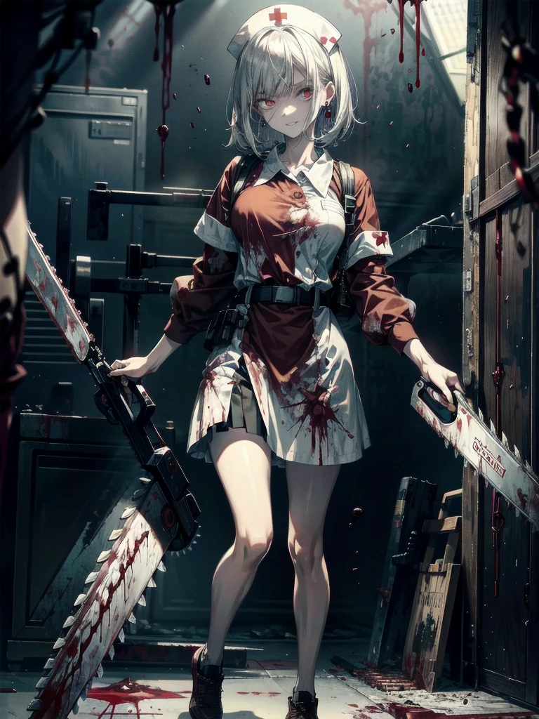 ((blood)), ((blood splatter)), ((blood on clothes)), ((blood stain)), hospital, ((nurse uniform)), ((holding mechanical chainsaw)), (zombie), absurdres, RAW photo, extremely delicate and beautiful, masterpiece, Best Quality, ultra high resolution, 32k, hyperrealistic, ultra-detailed, detailed description, pale skin, 20 years old, tearful mole, earring, Colossal tits, short medium hair, wavy hair, evil grin, full body shot,